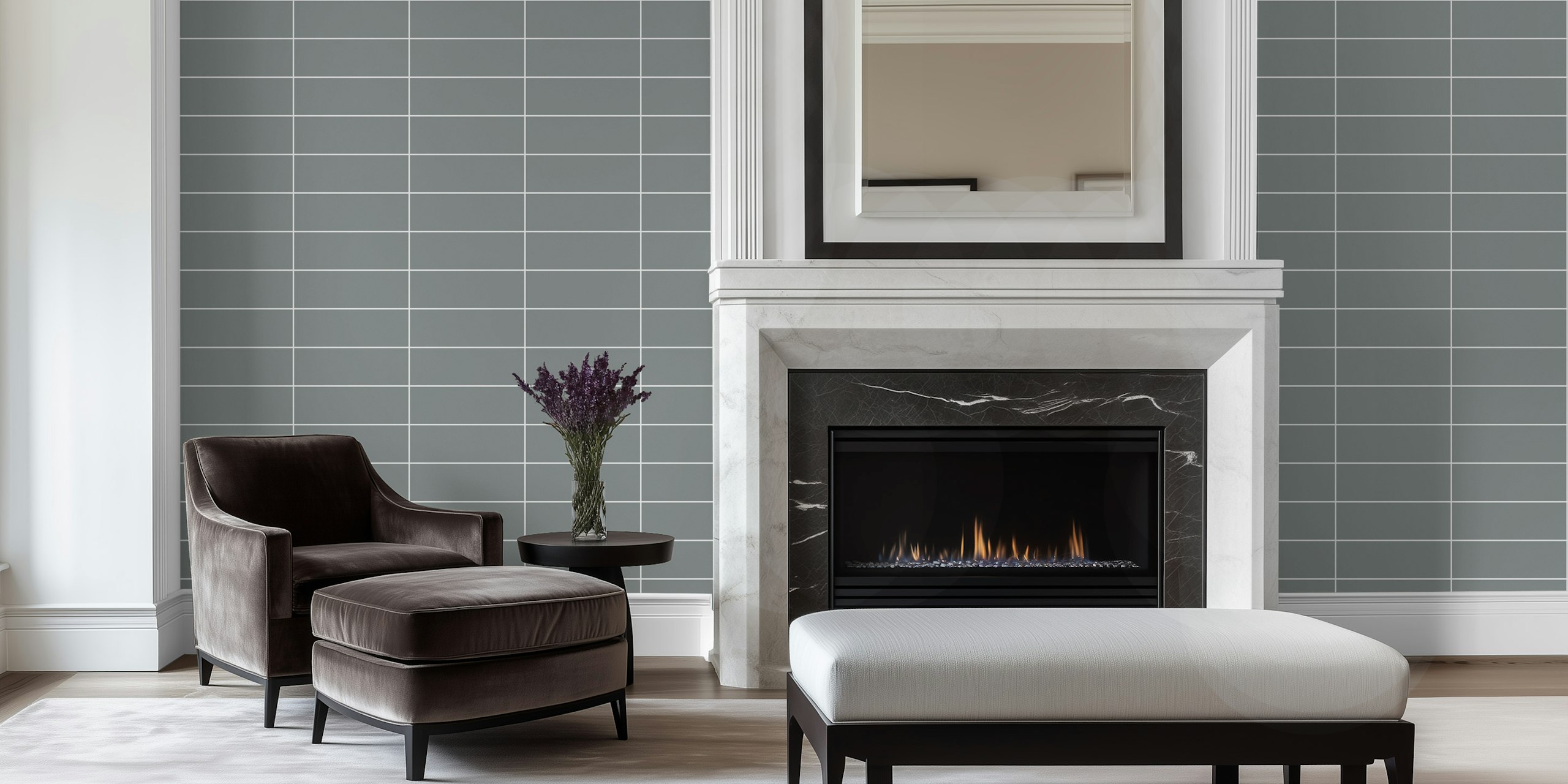Gray and white horizontal grid pattern wallpaper in a room