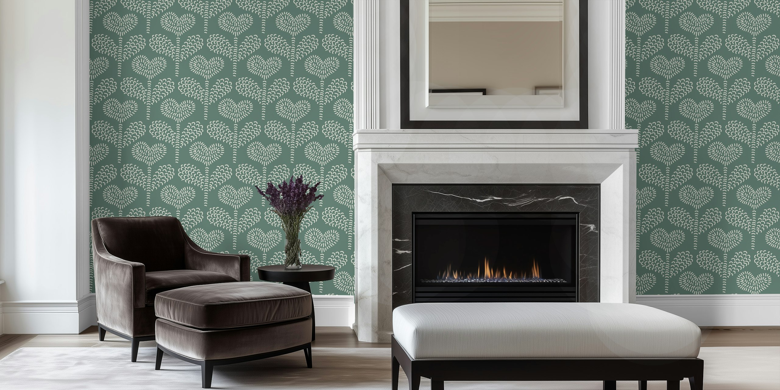 Whimsical heart floral patterns in white over sage green wallpaper
