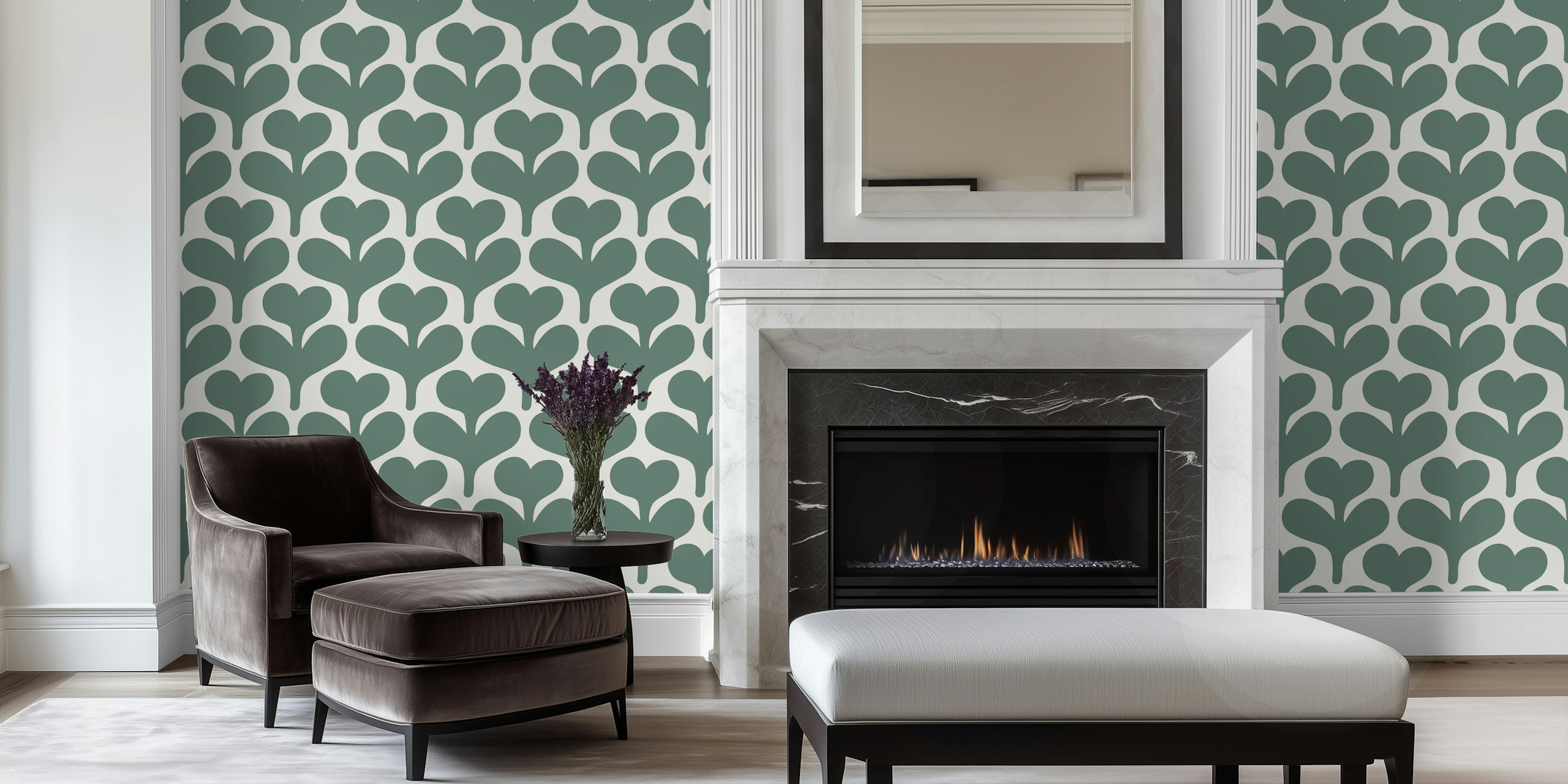 Hand drawn green heart flowers wallpaper design