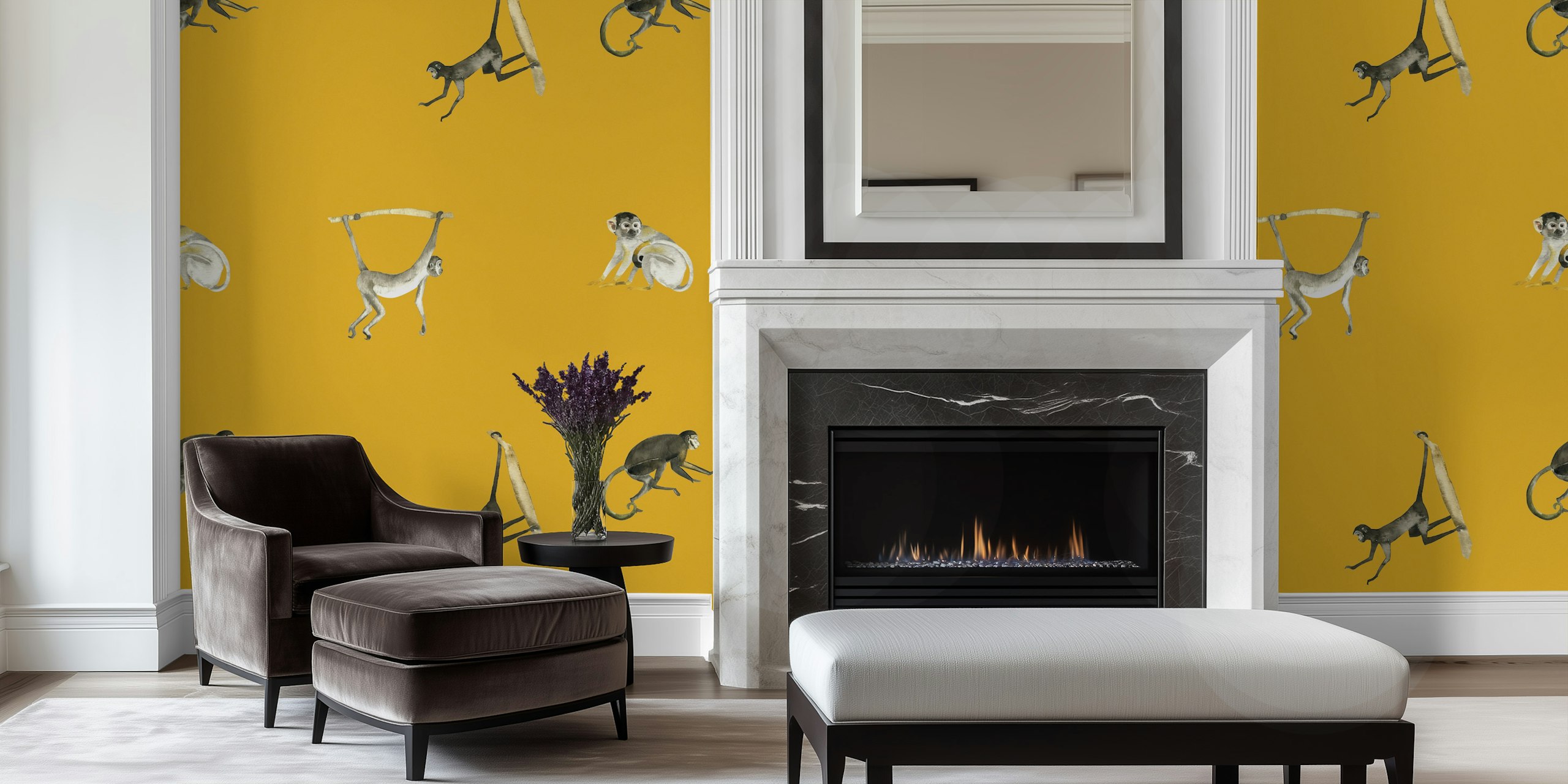 Tropical Monkey Motif on Mustard Yellow