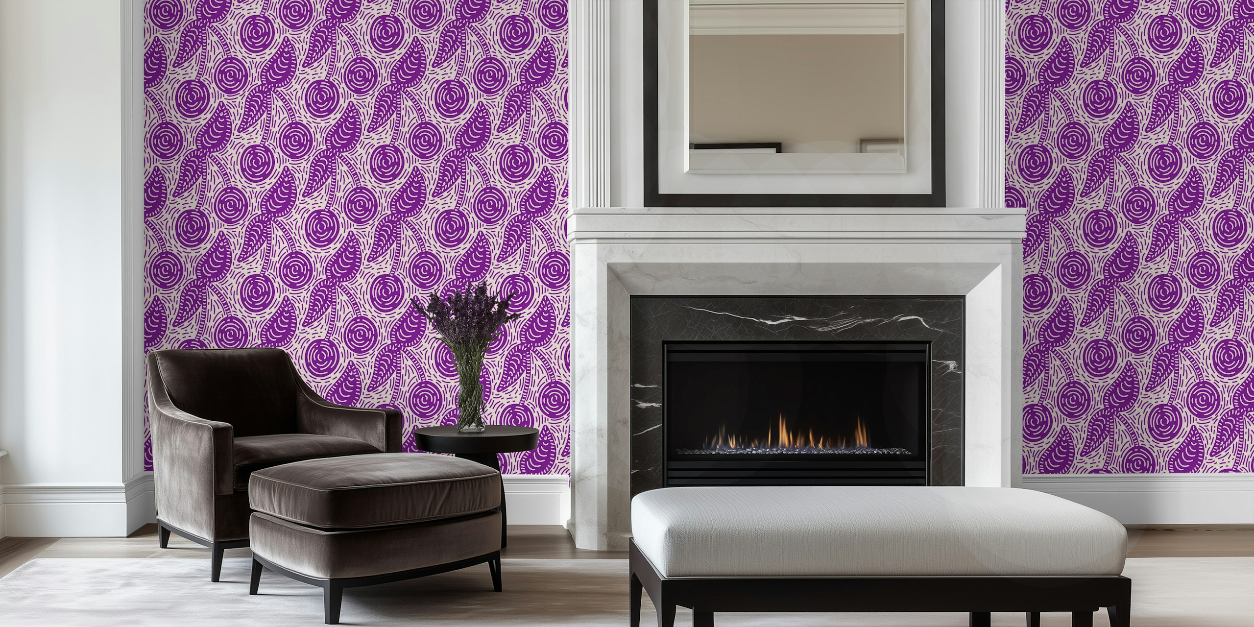 Playful Purple Cherries papel de parede em um quarto