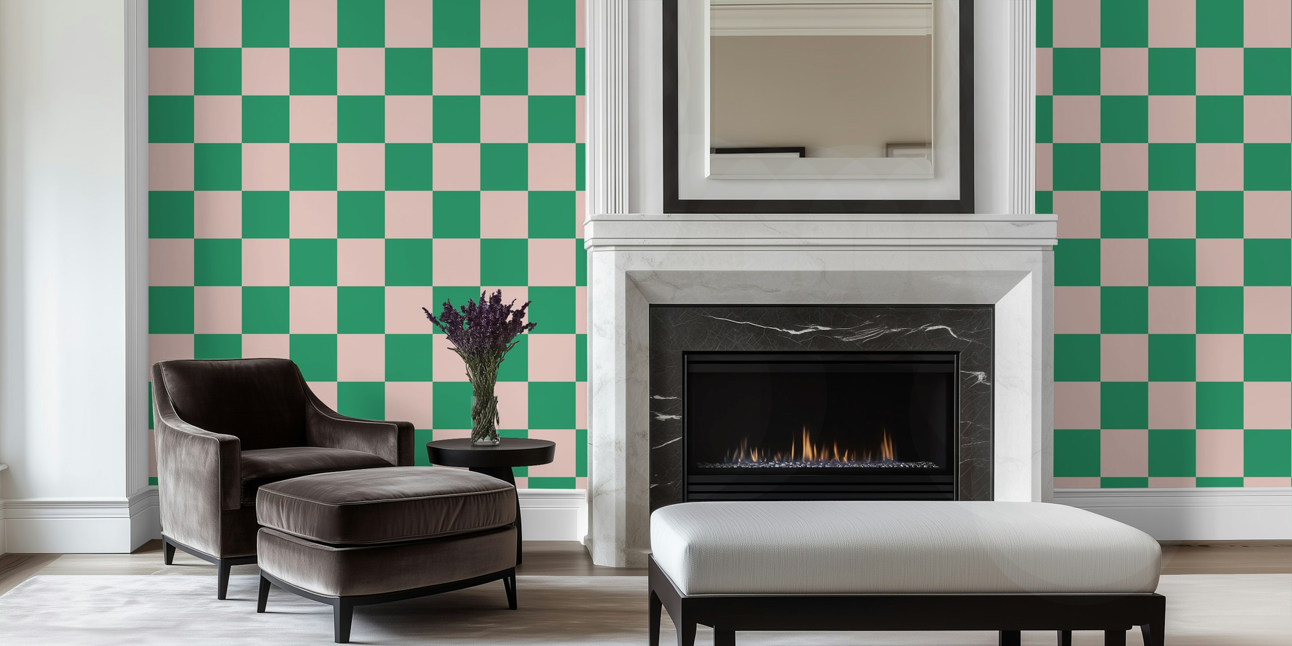 Pink and green checkerboard wallpaper in a room