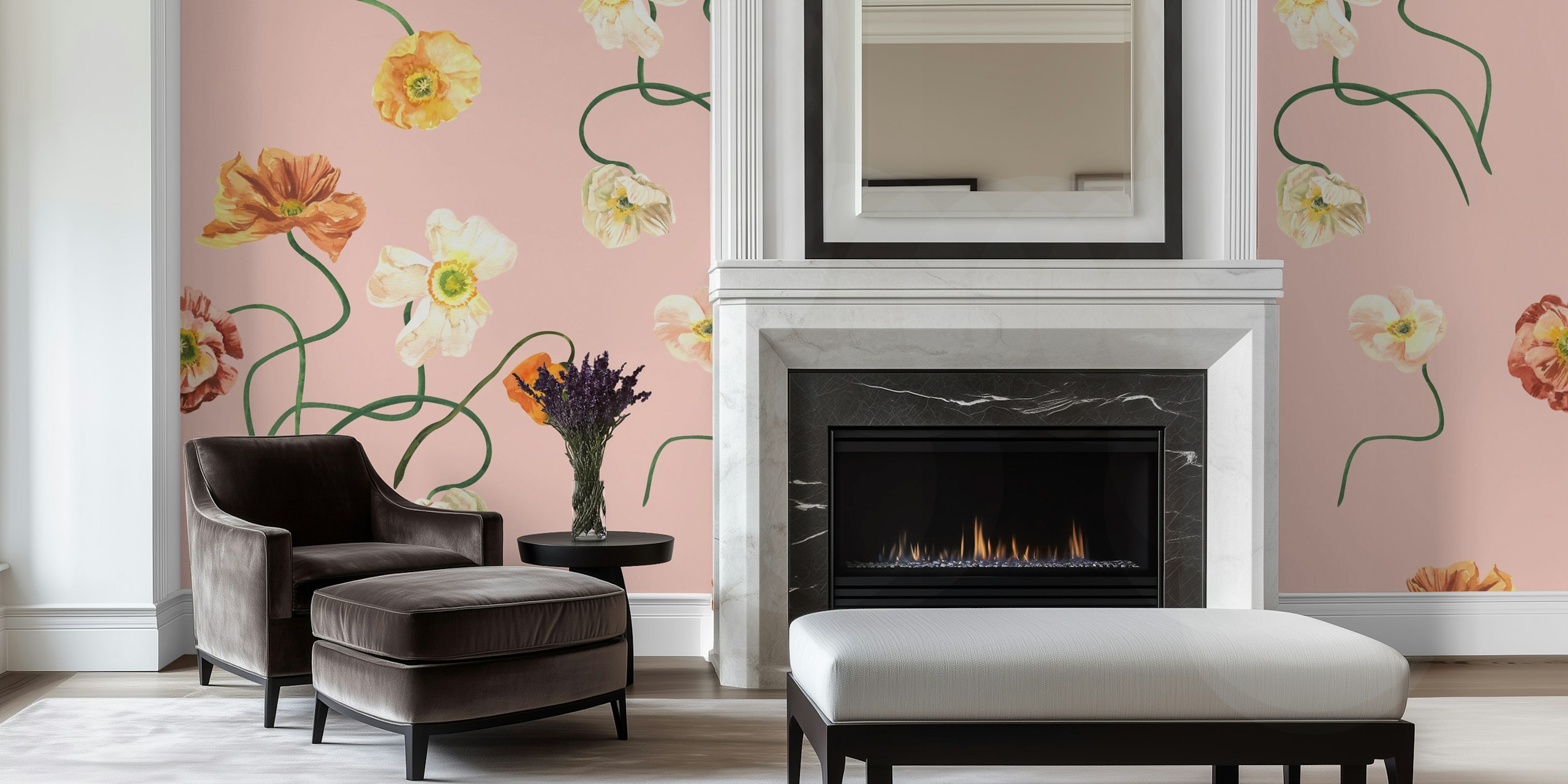 Romantic watercolor poppy pattern wallpaper