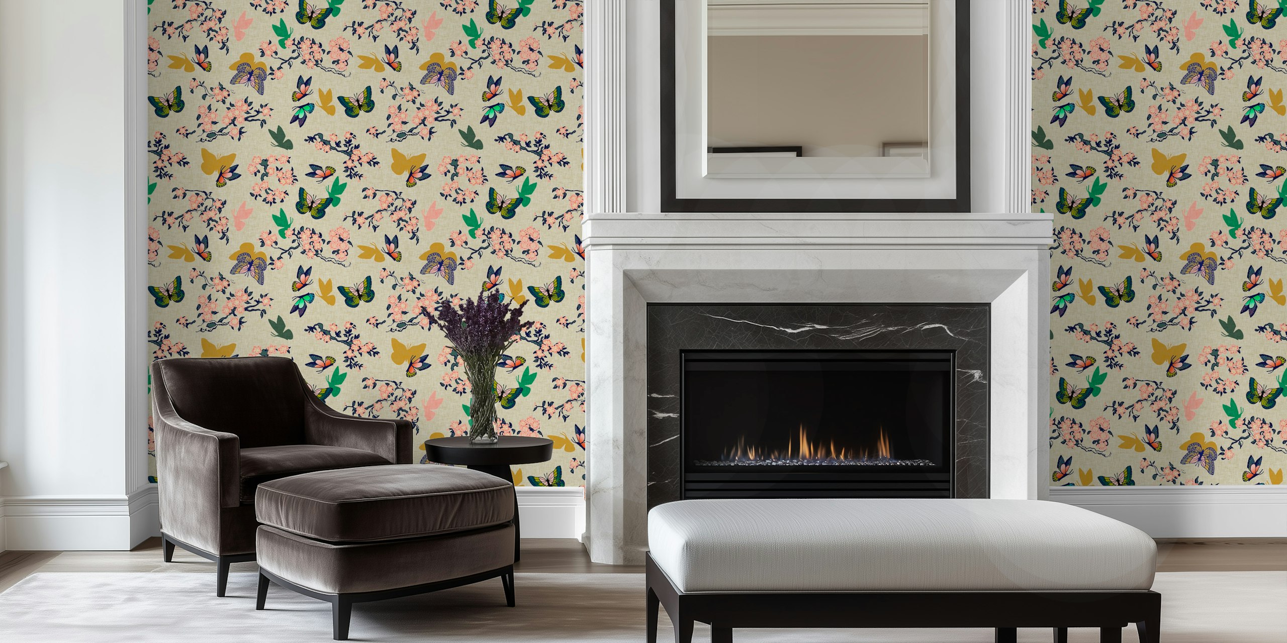 Beige floral wallpaper with pink blossoms and butterflies in a Chinoiserie style