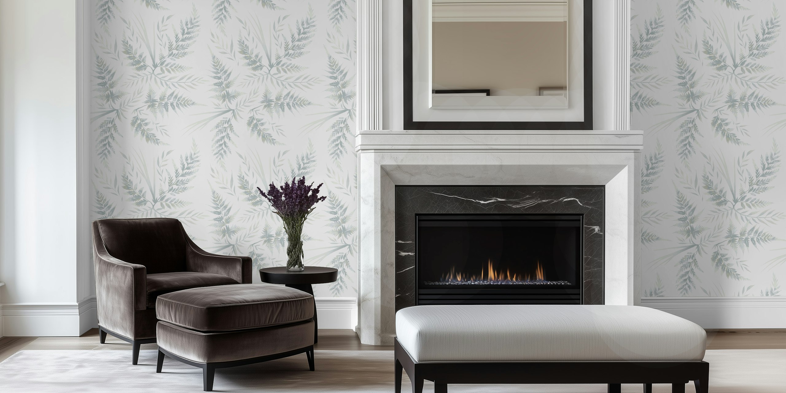 Watercolor fern leaves wallpaper in a room