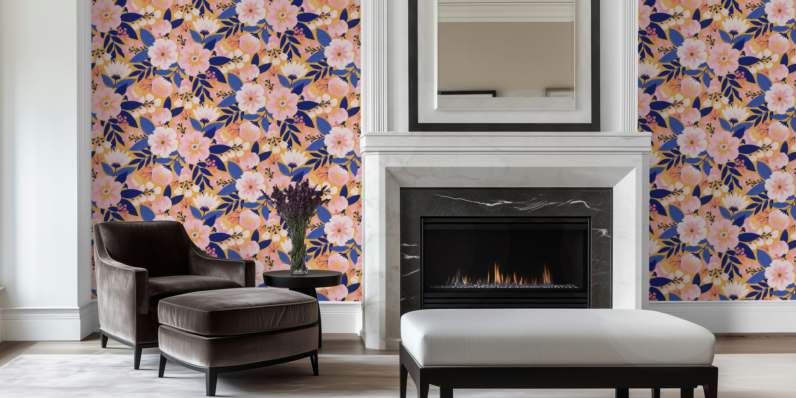 Nouveau Fleur - Gold floral wallpaper in a room