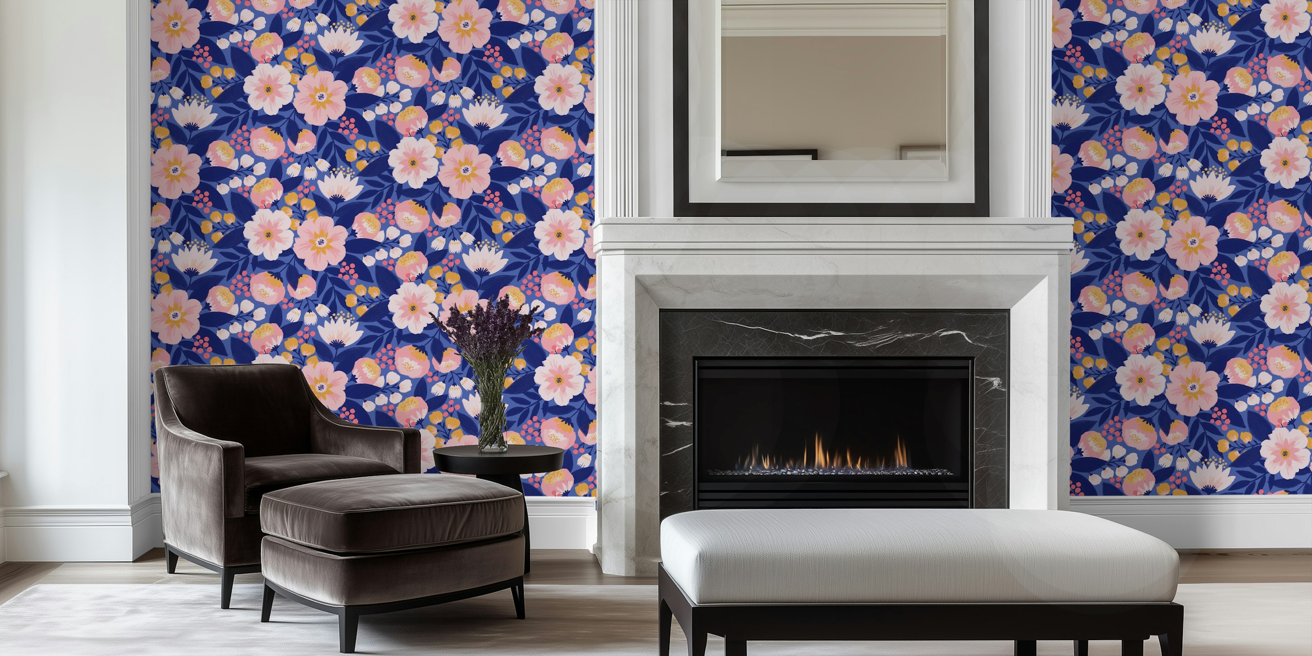 Navy floral wallpaper with pink, white, and yellow flowers
