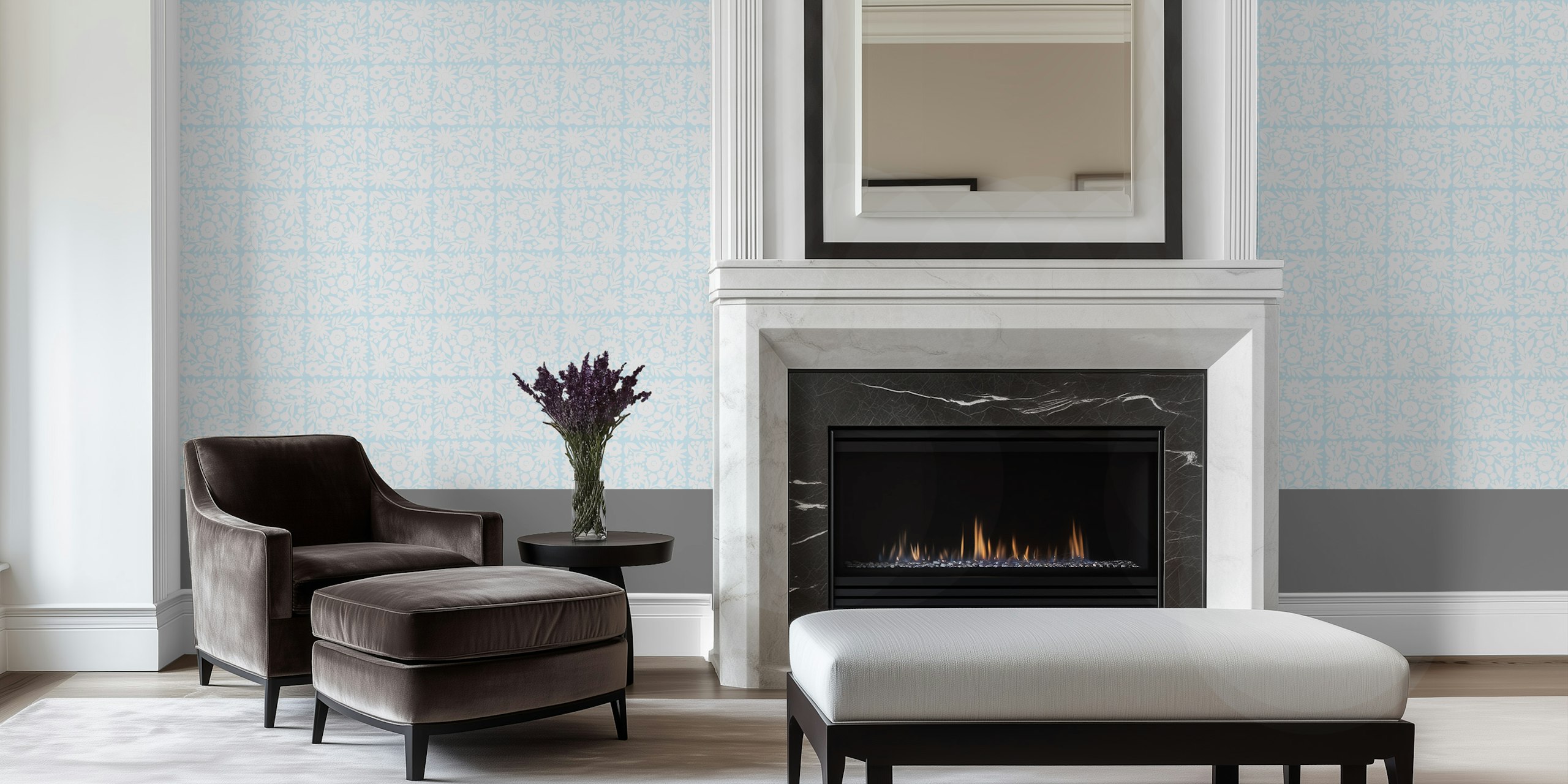 Floral grid pattern in light blue and white wallpaper