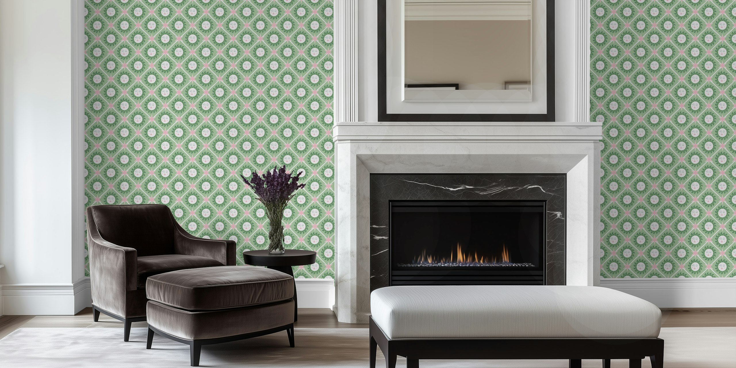 Celestial geometric pink and green wallpaper design
