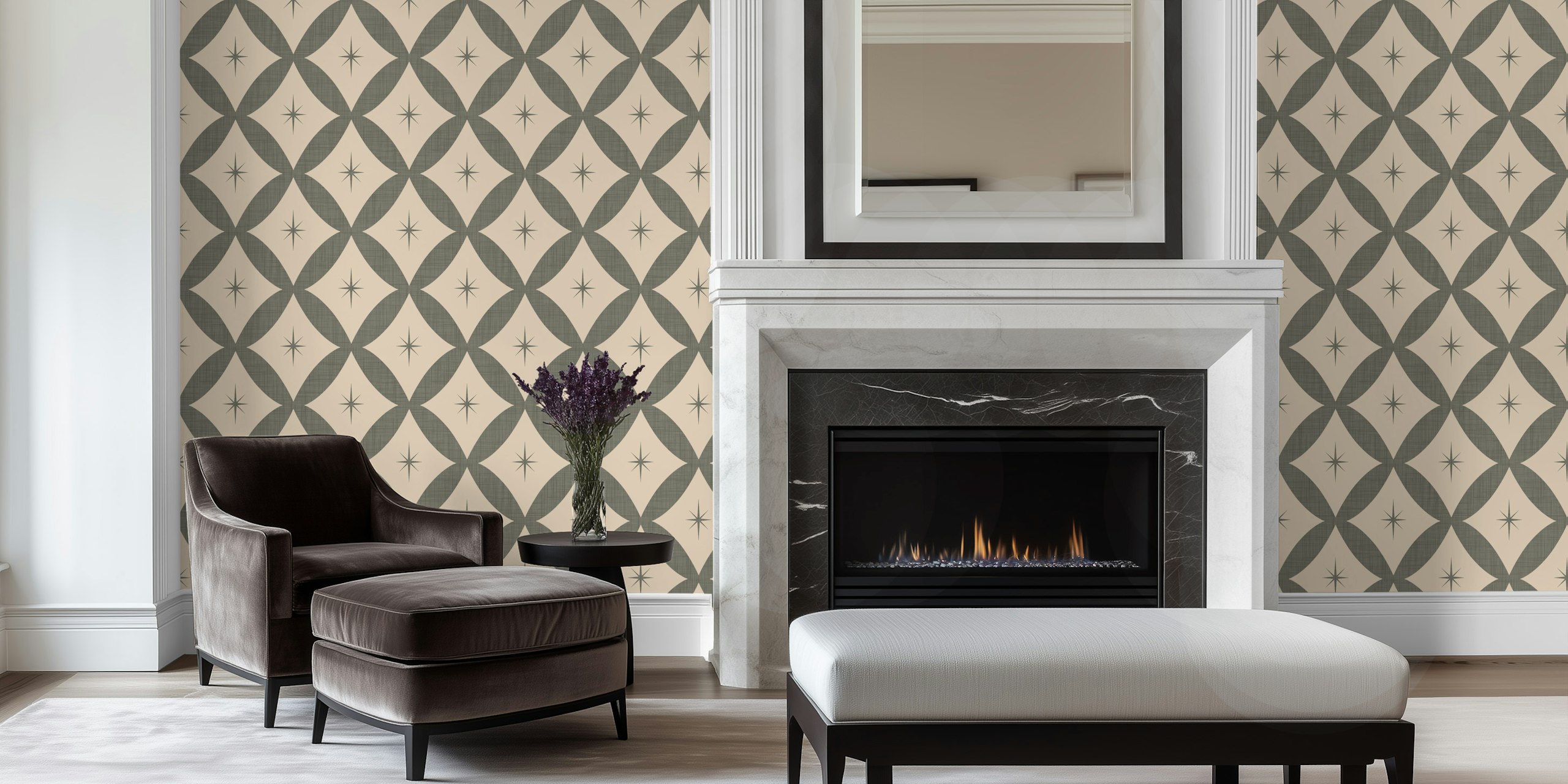 Atomic Starburst Taupe behang in een kamer
