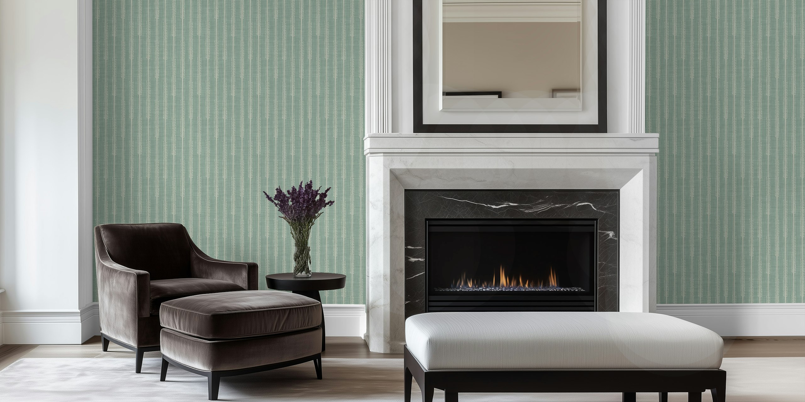 Sage green striped wallpaper with botanical motifs in white, modern design wallpaper