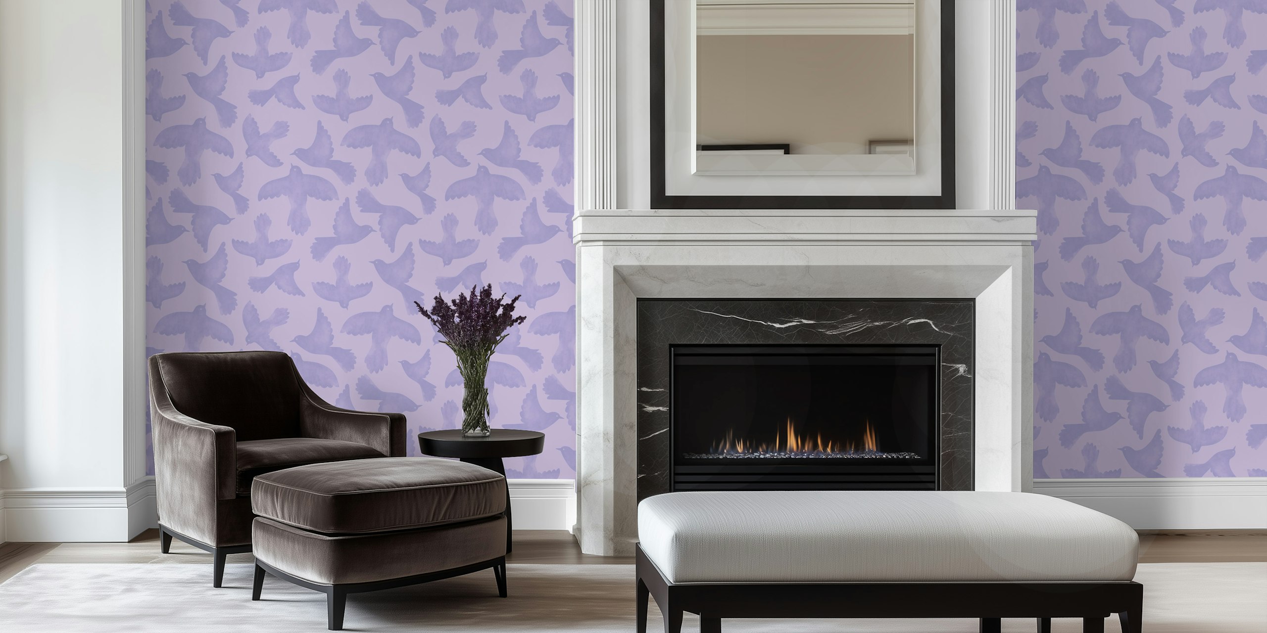 Lilac wallpaper s uzorkom Birds Soaring