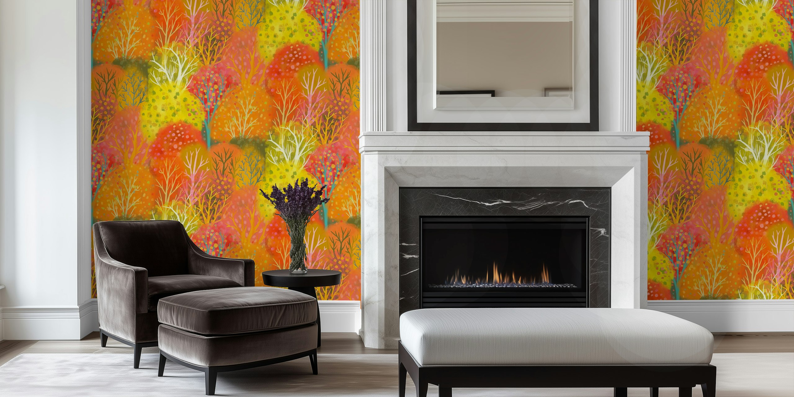 Colorful autumn floral patterns in orange, pink, and yellow wallpaper
