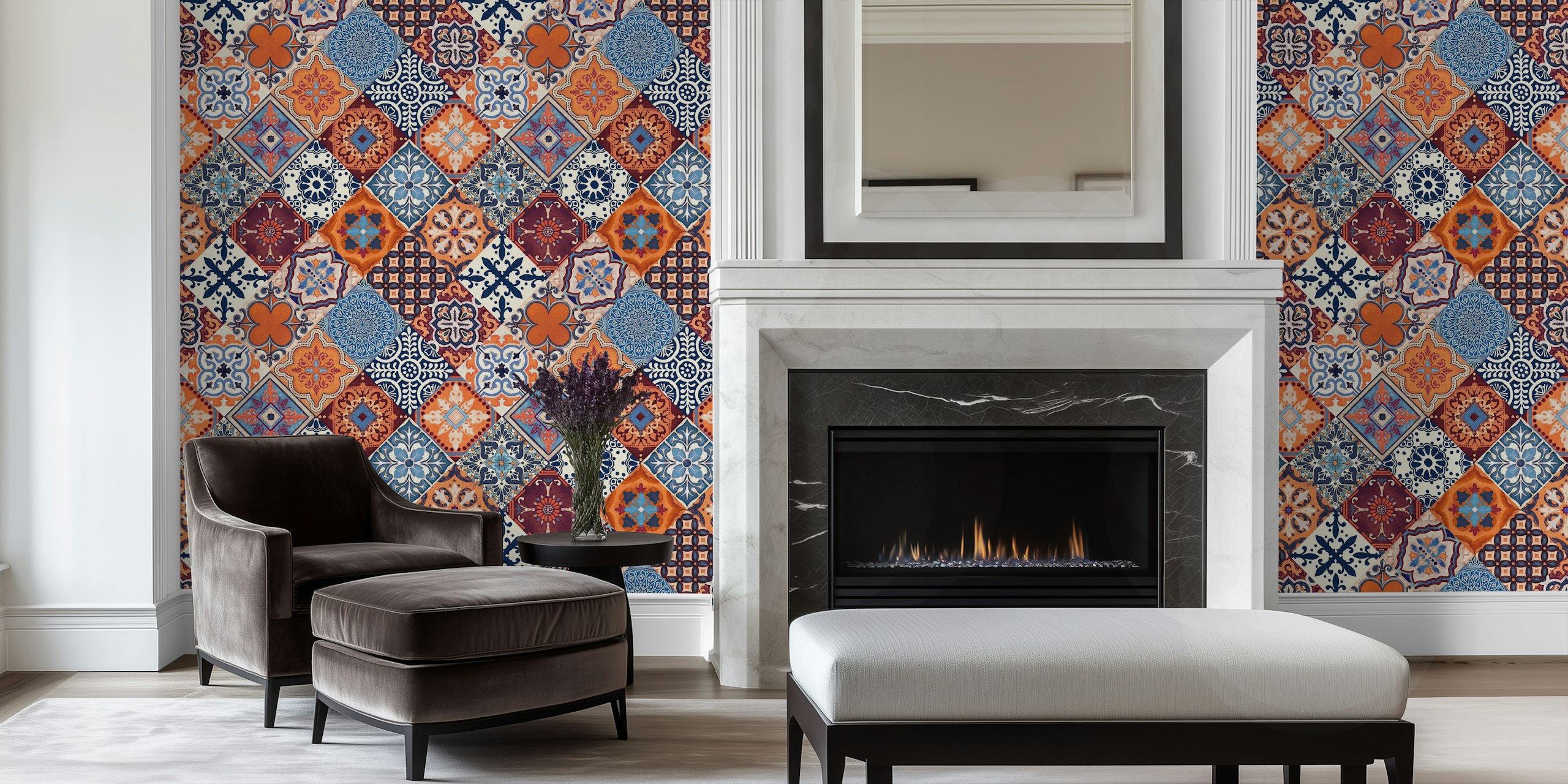 Carta da parati Talavera Tiles in blu e arancione