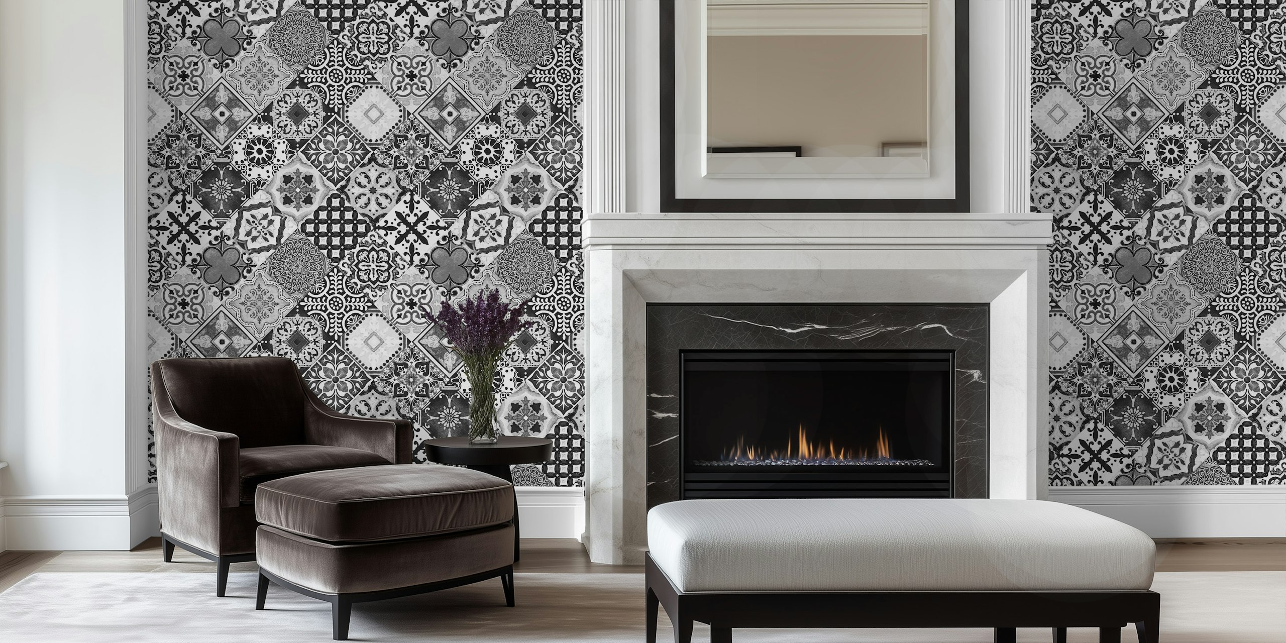 Talavera Tiles black white grey papel de parede em um quarto