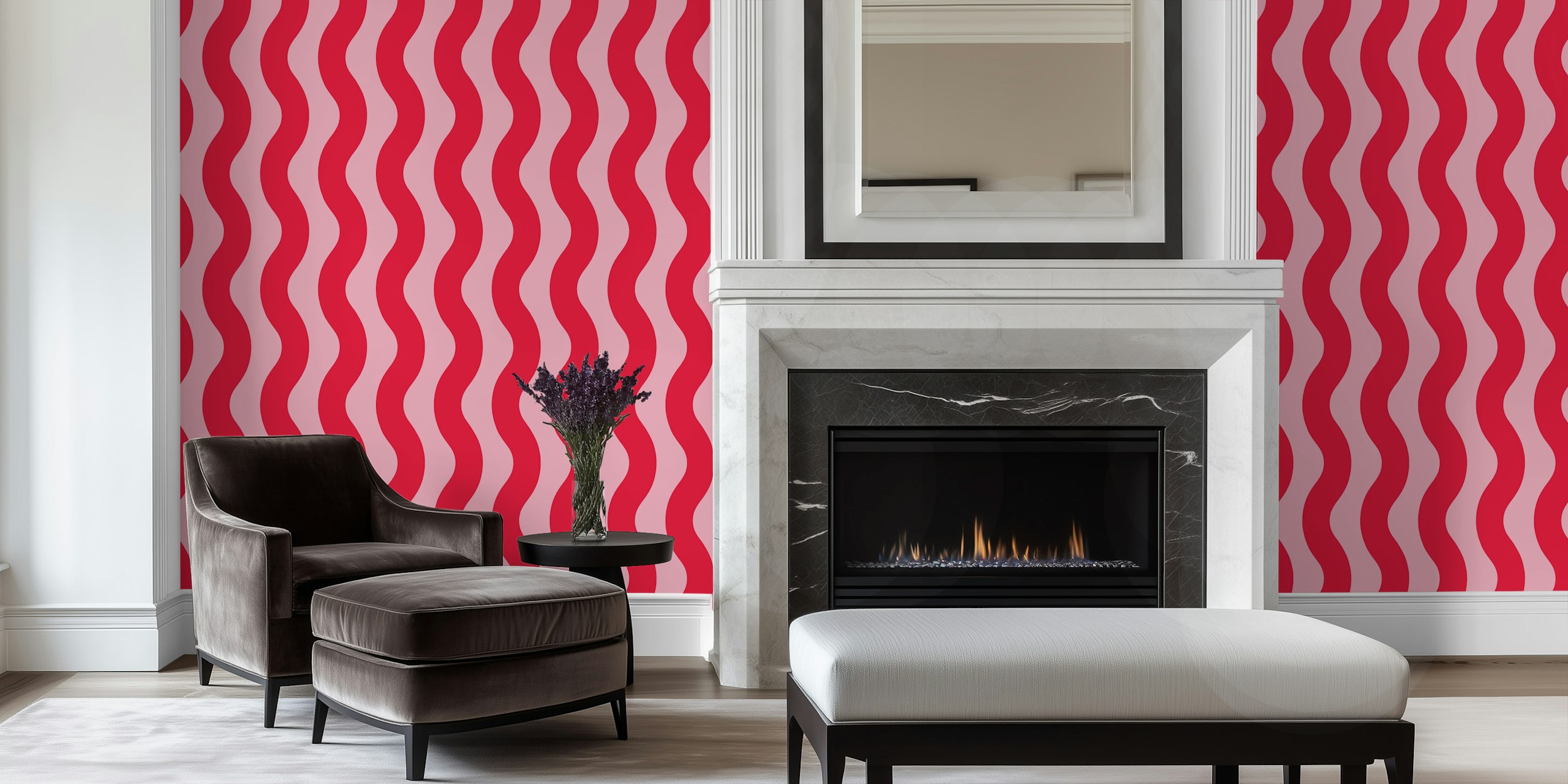 Pink and Crimson Red Modern Waves wallpaper in a room