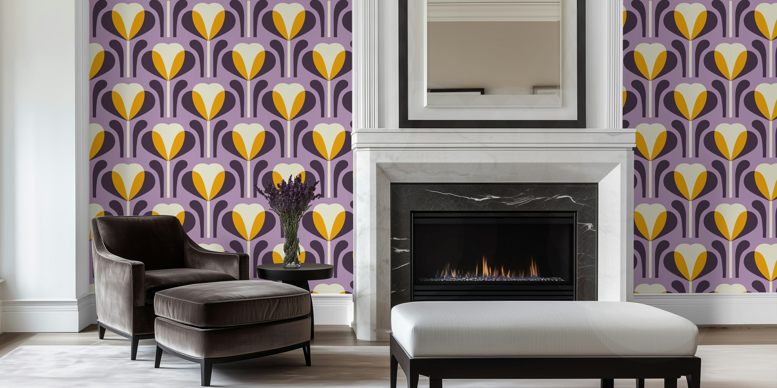 Heart-shaped floral patterns in purple and orange wallpaper