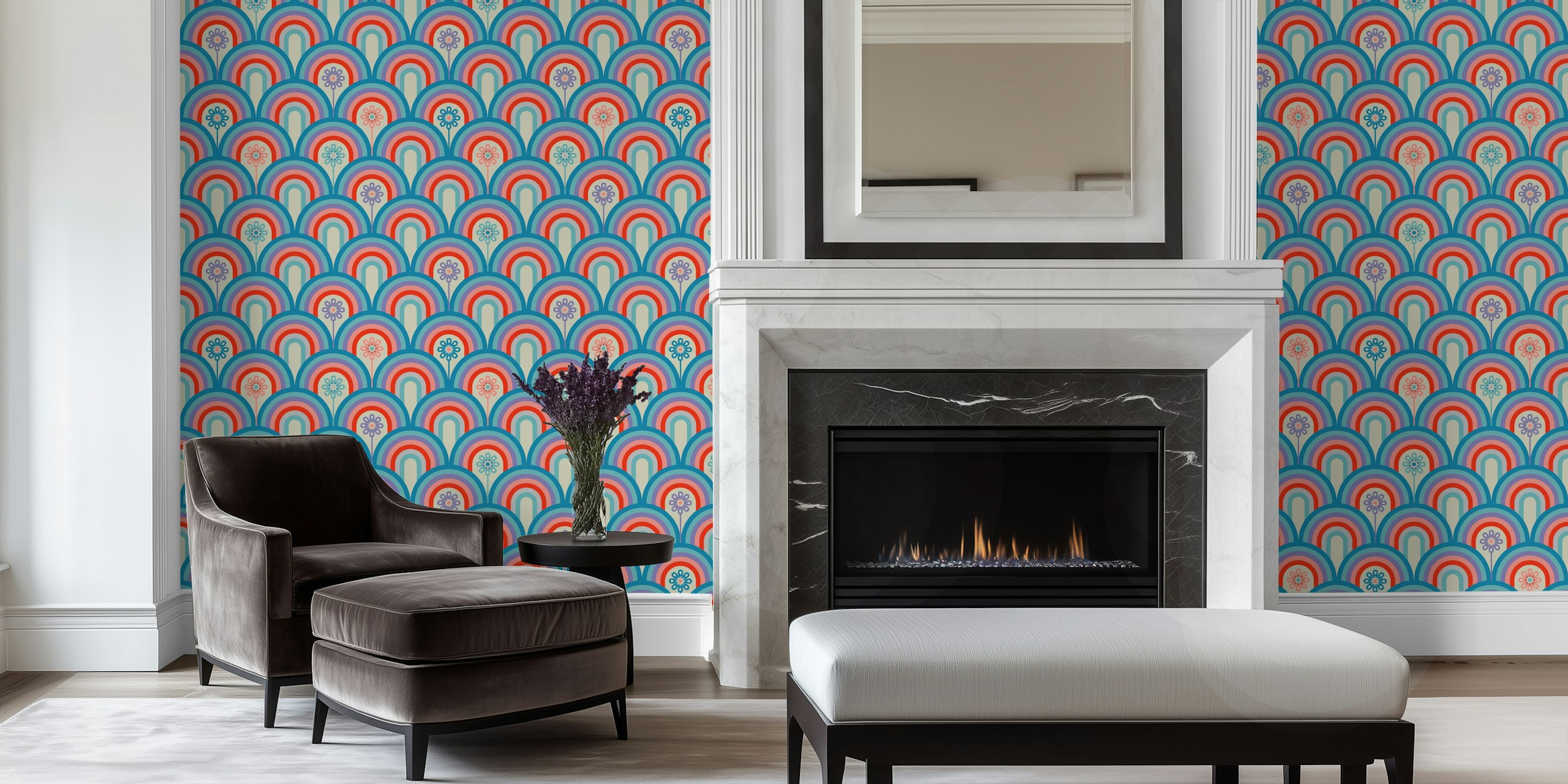 Rainbow Floral Retro wallpaper in a room
