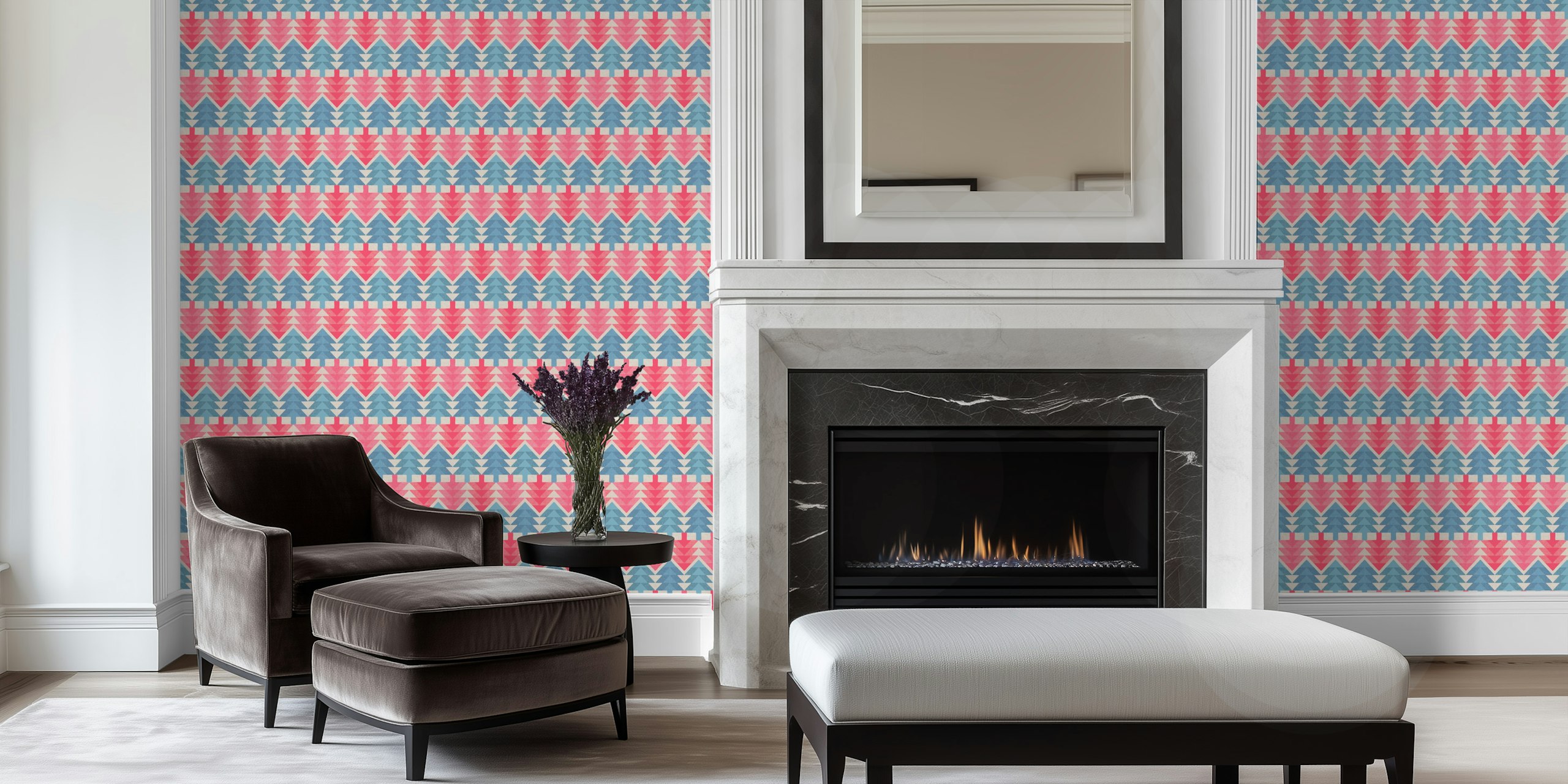 Geometric pink and blue fir forest wallpaper