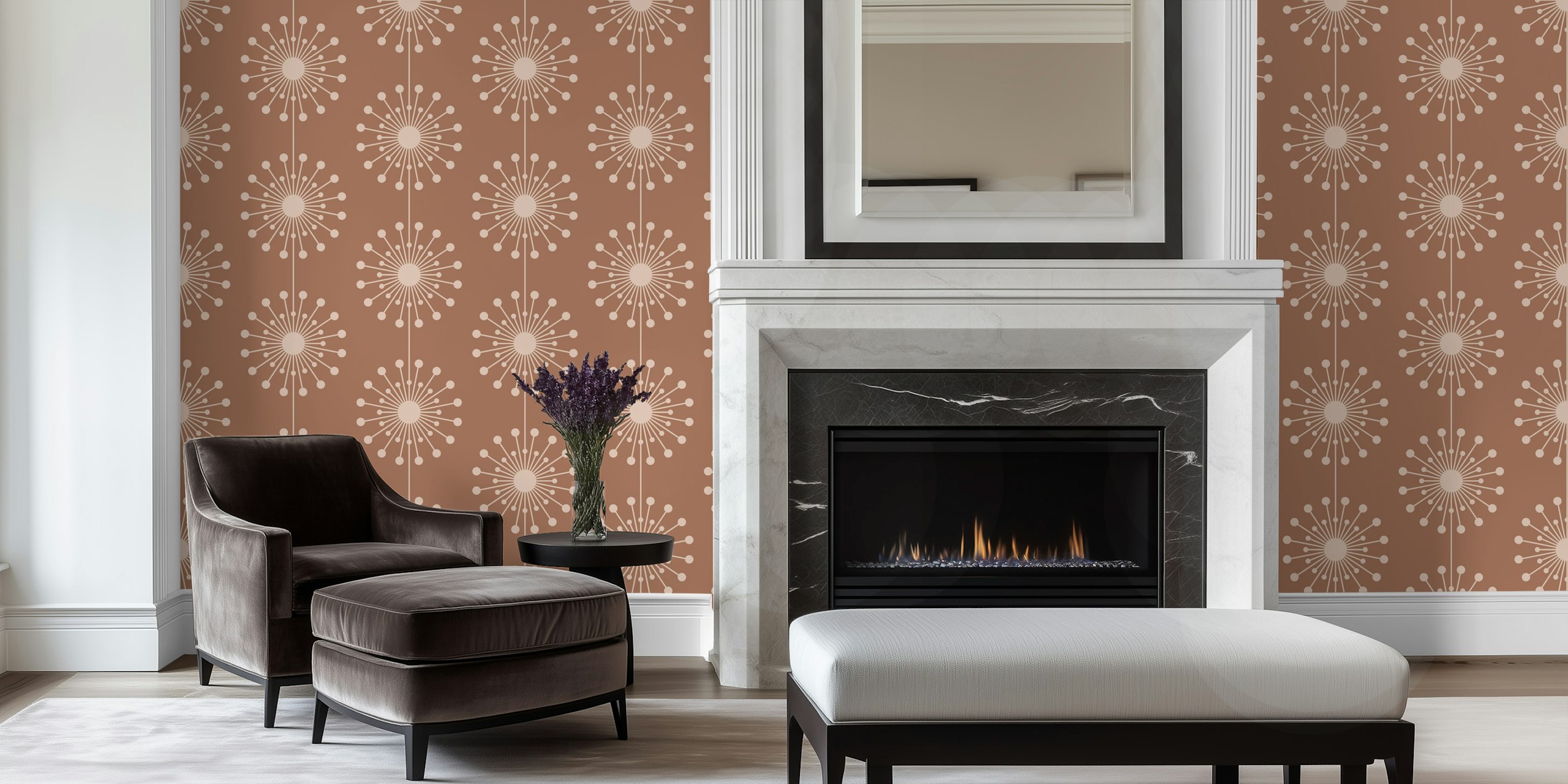 Ταπετσαρία Mid Century Modern Dandelion Mocha Mousse στο δωμάτιο