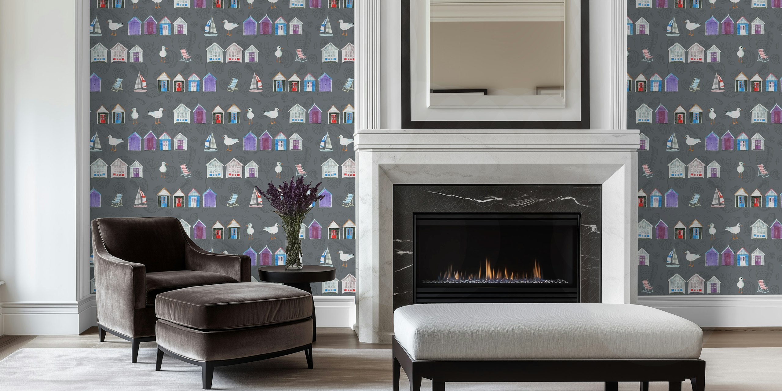 Colorful beach huts in grey wallpaper design