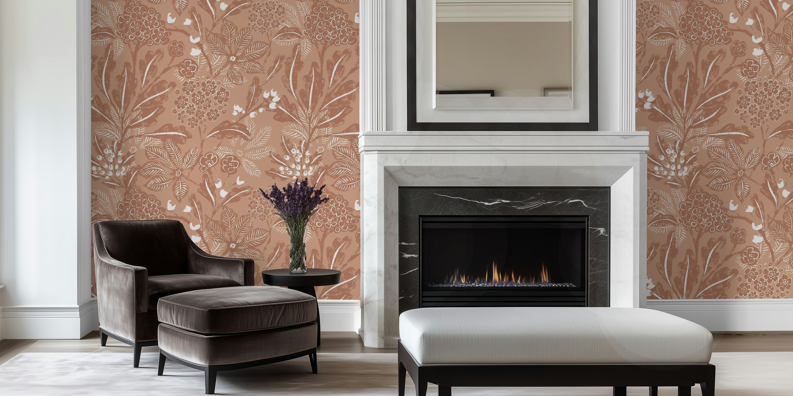 Floral sketches in mocha brown tones on cream wallpaper