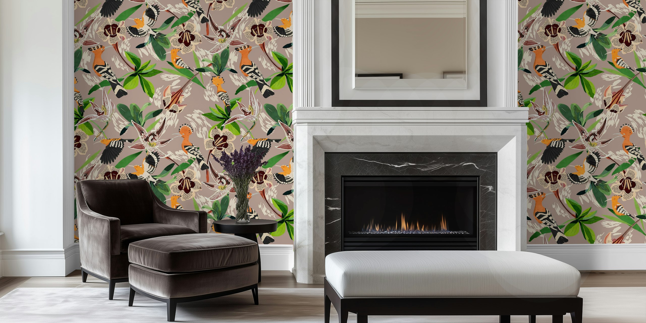 Colorful tropical birds and flowers on beige background wallpaper