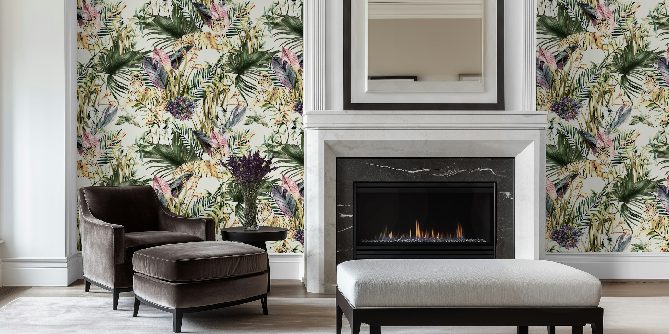 Tropical foliage and tiger pattern in green and pink wallpaper