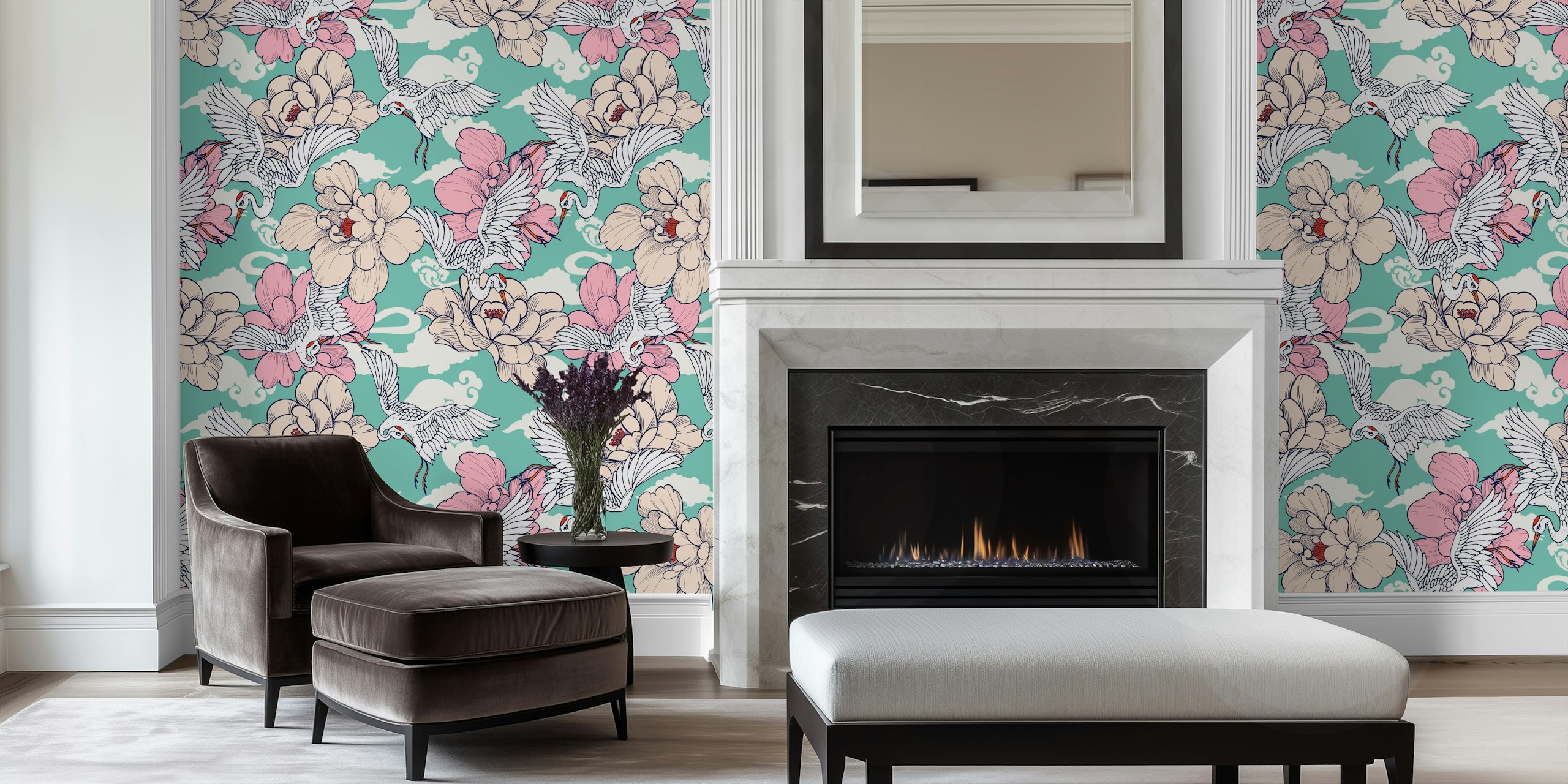 Tranquil Cranes and Blooms behang in de kamer