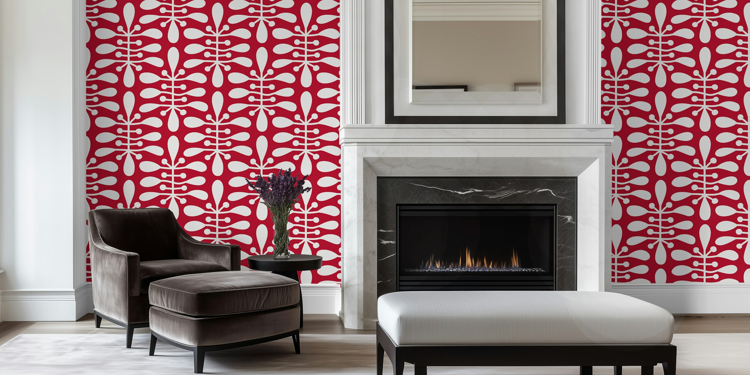 Red botanical pattern with white shapes wallpaper