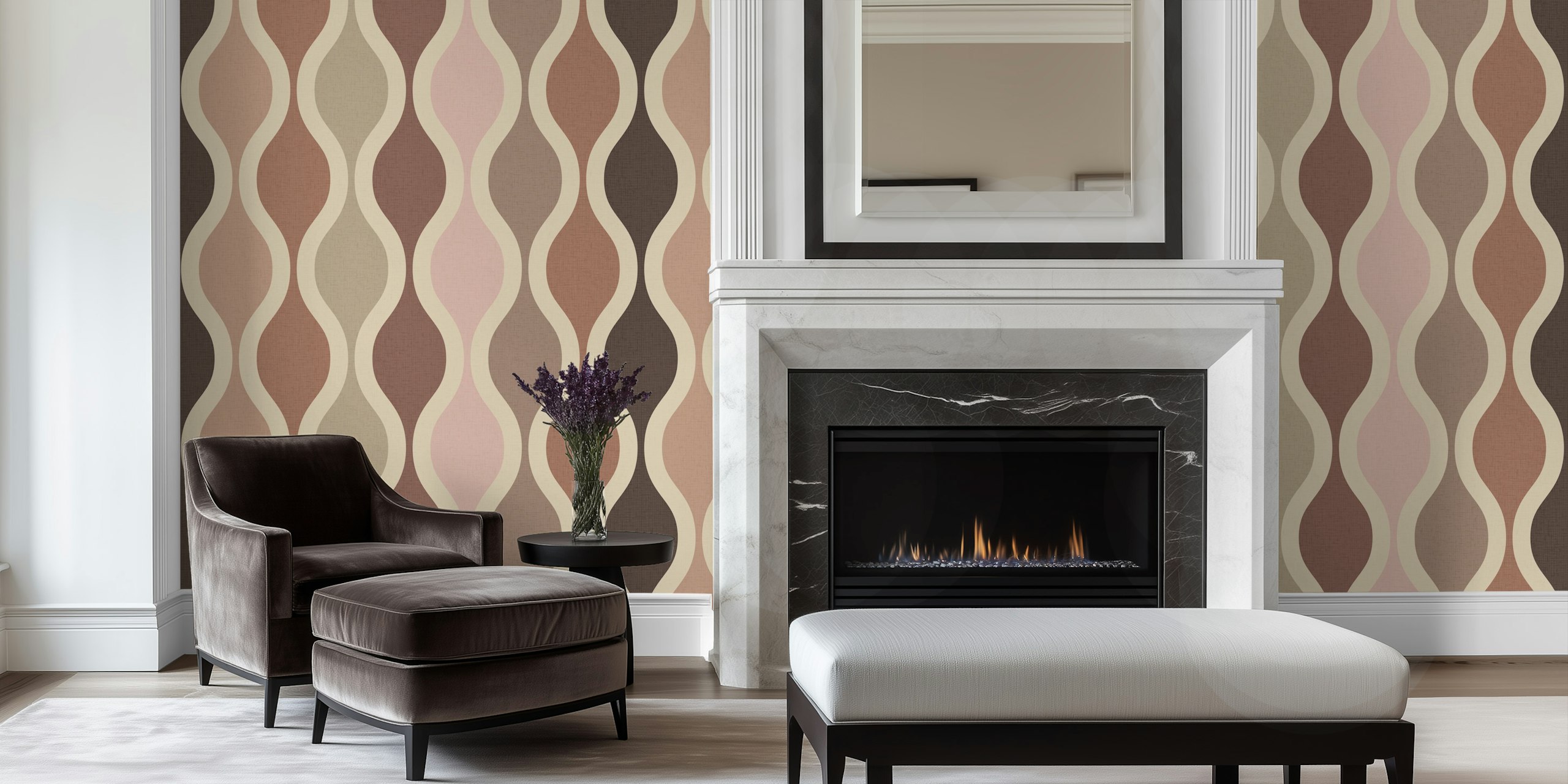 Mocha Mousse Wavy Stripes papier peint dans une pièce
