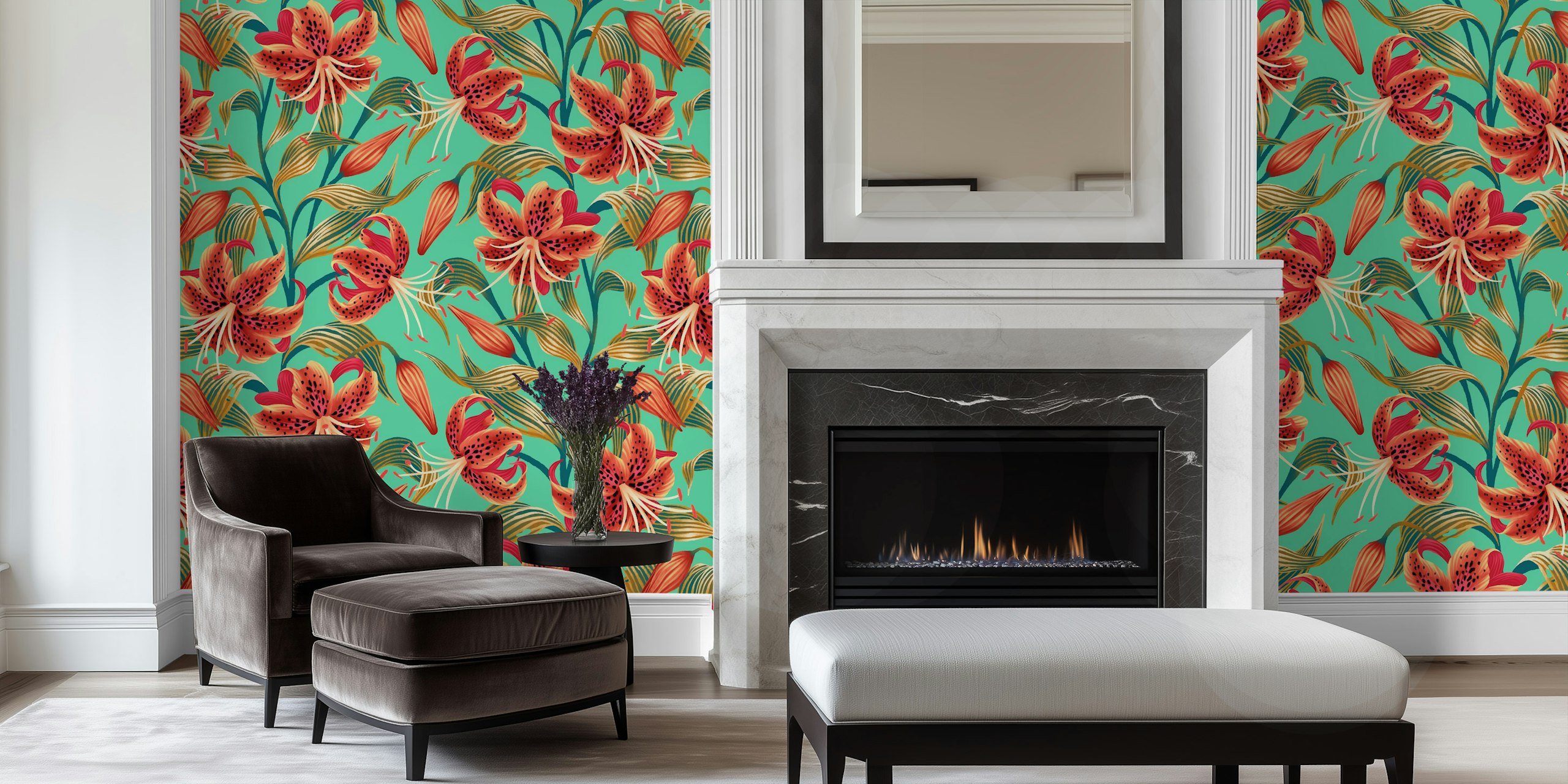 Tiger lilies and leaves in orange and green on mint green wallpaper