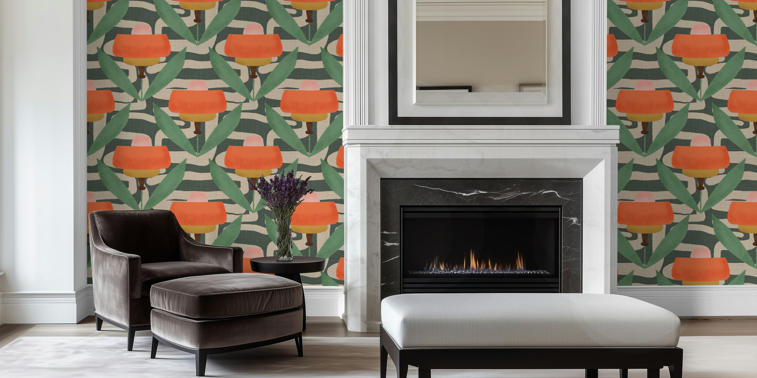 Colorful retro flowers and green leaves pattern wallpaper