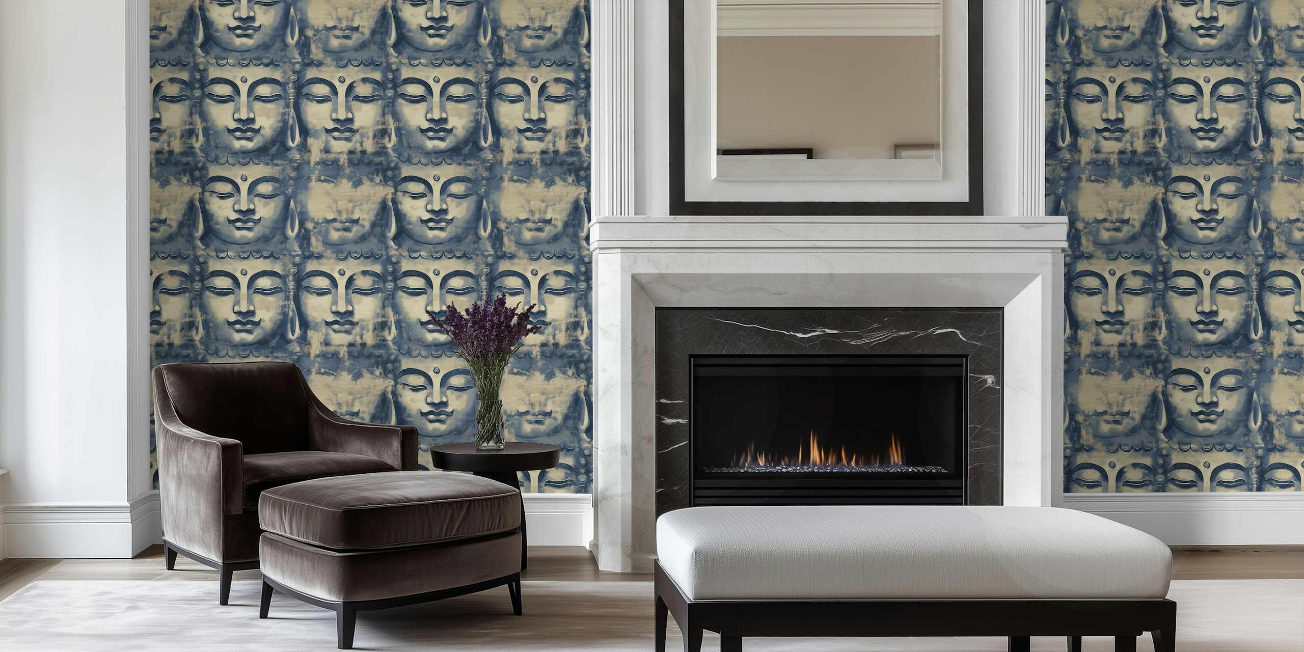 Buddha face patterns in blue tones wall mural