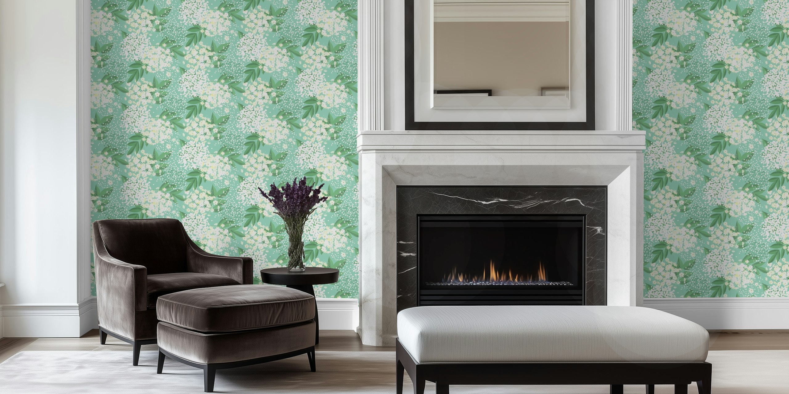 Elderflower on light mint wallpaper in a room