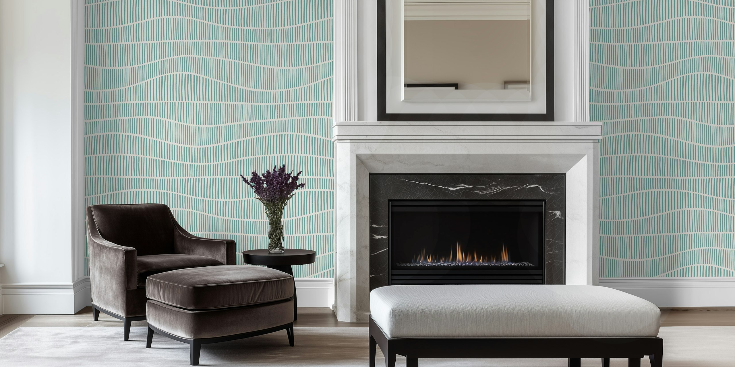 Aqua wavy striped tapet i ett modernt rum