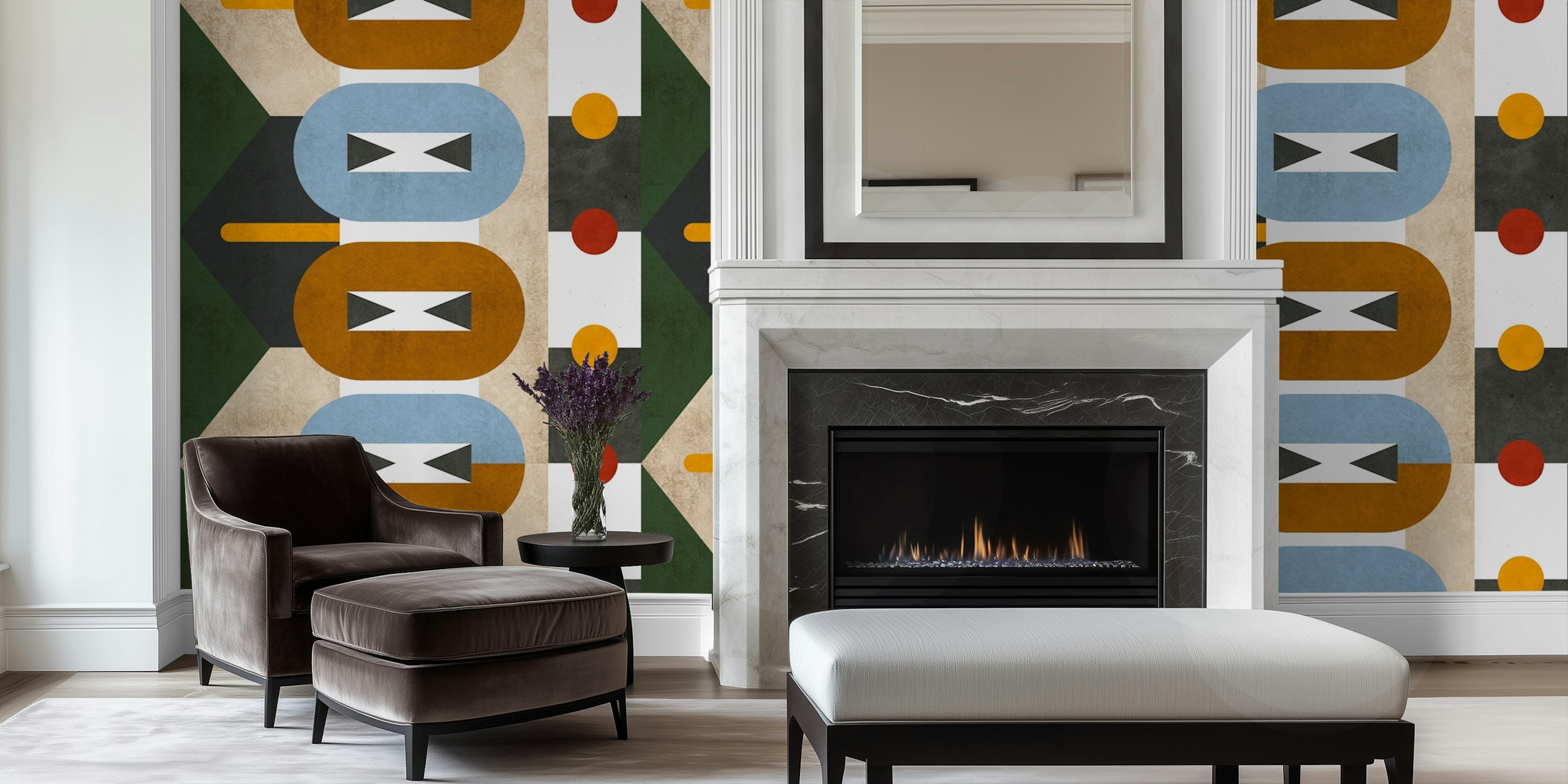 Geometric shapes in brown, blue, red, and orange wallpaper