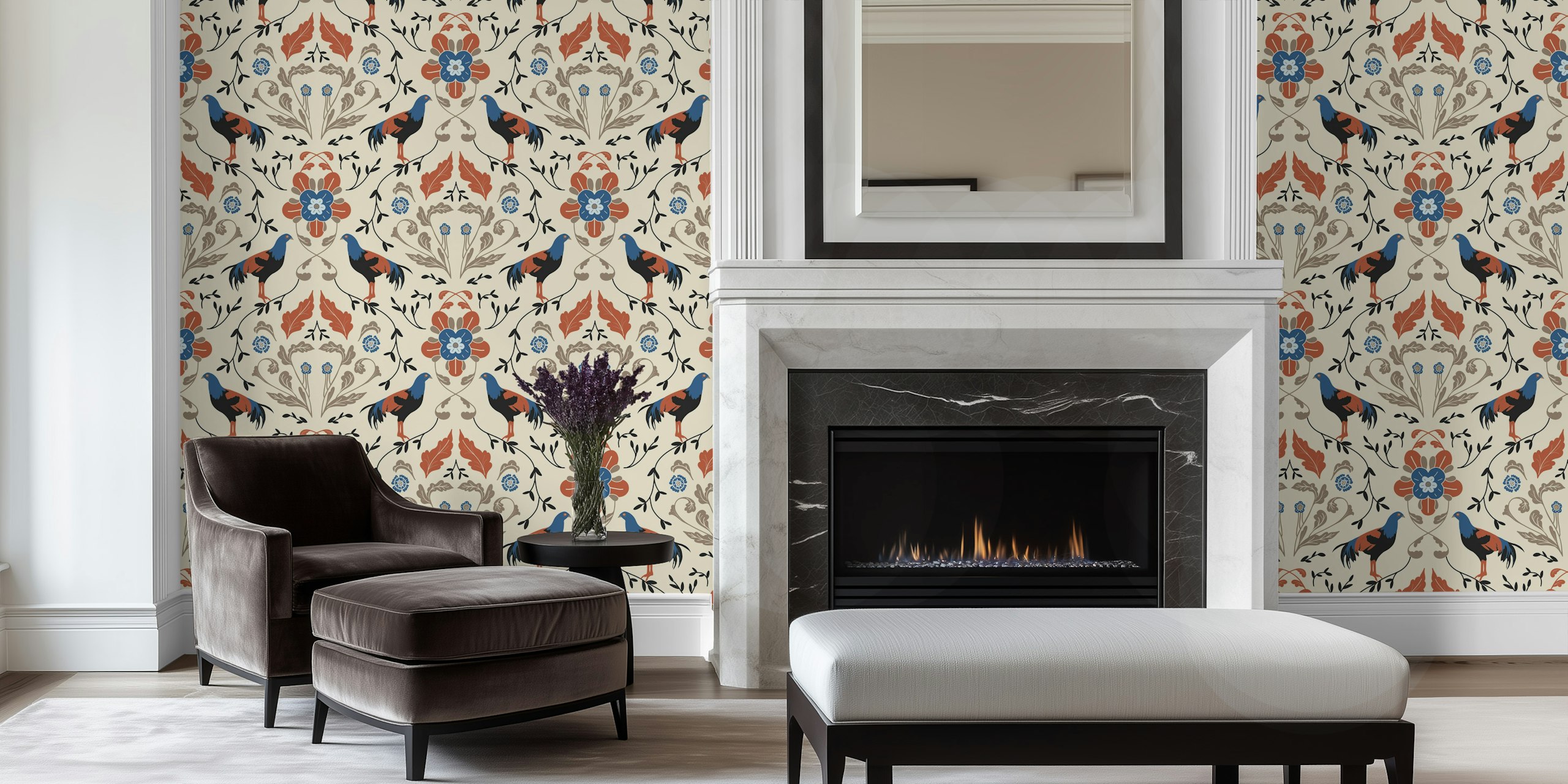 Victorian floral wallpaper with roosters in blue, orange, and cream colors