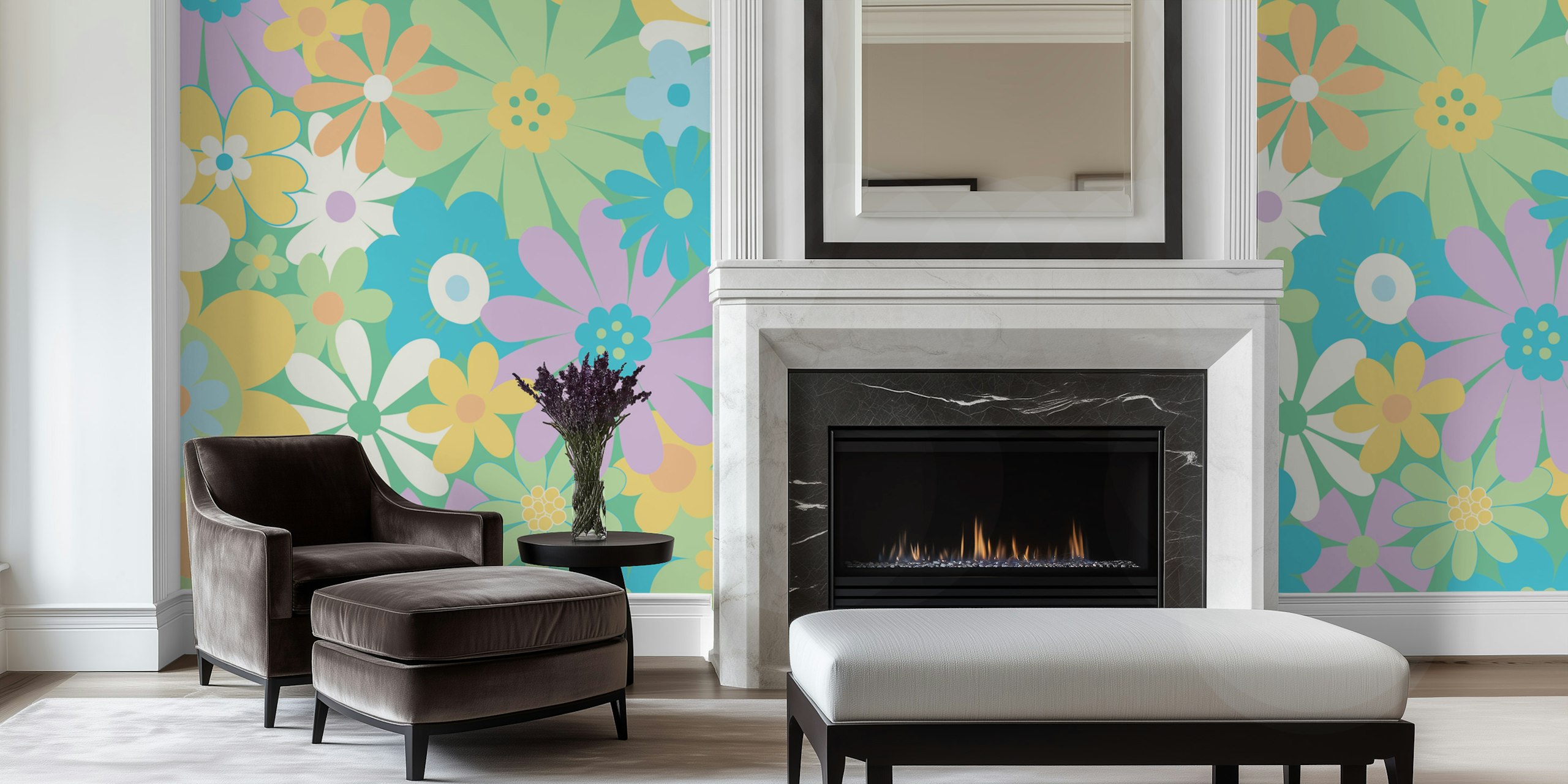 Retro Psychedelic flowers tapet i et rom
