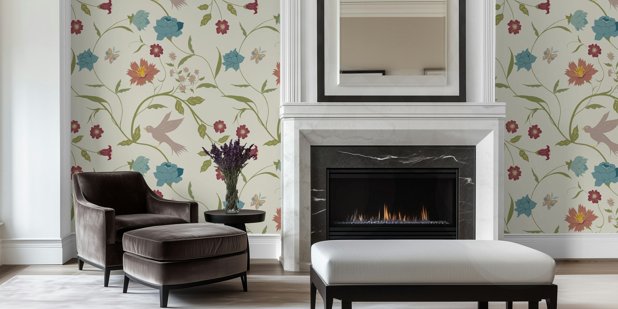 Vintage floral wallpaper with birds, blue and pink flowers, cream background