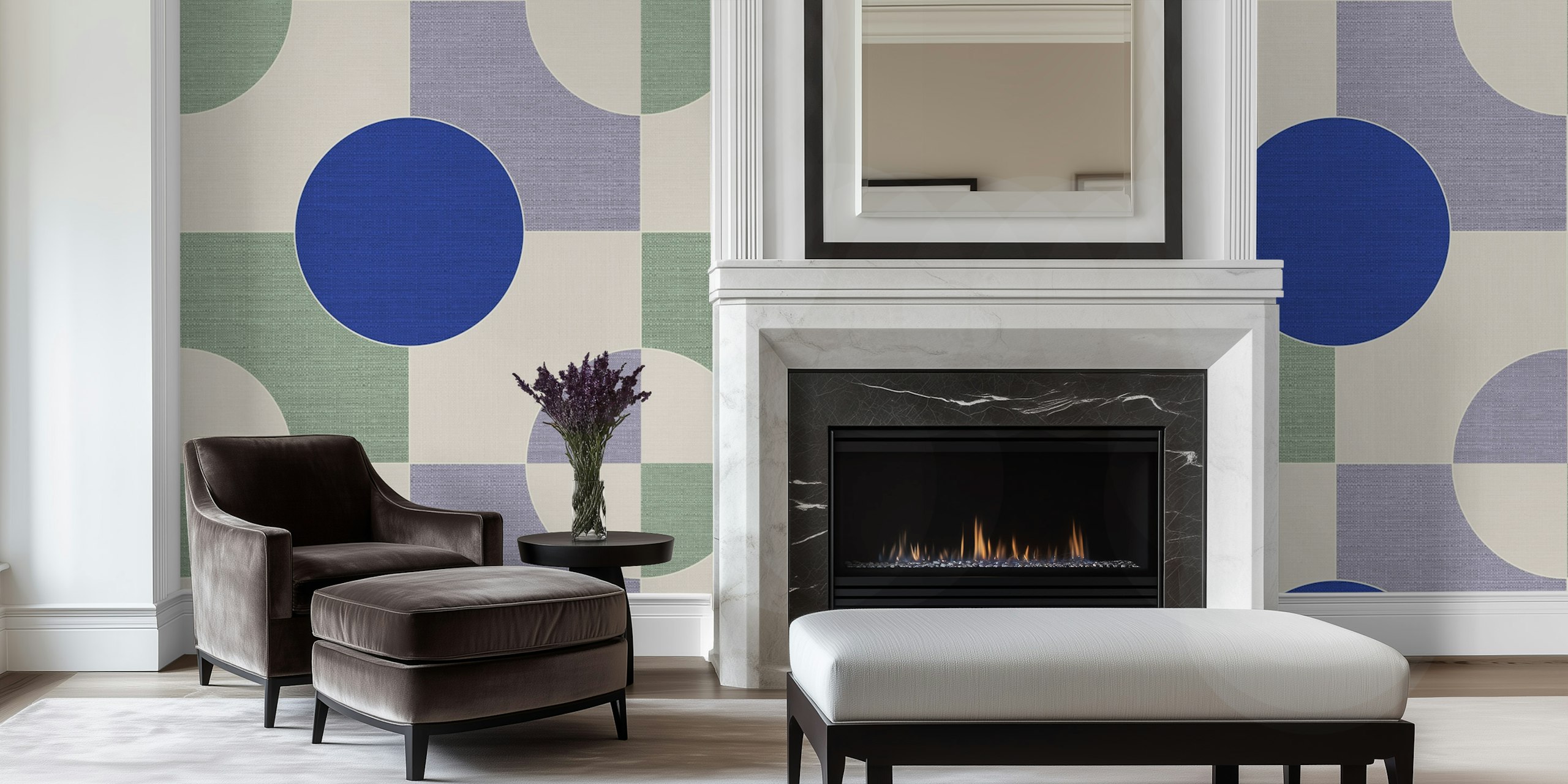 Geometric shapes in blue, green, and cream wallpaper