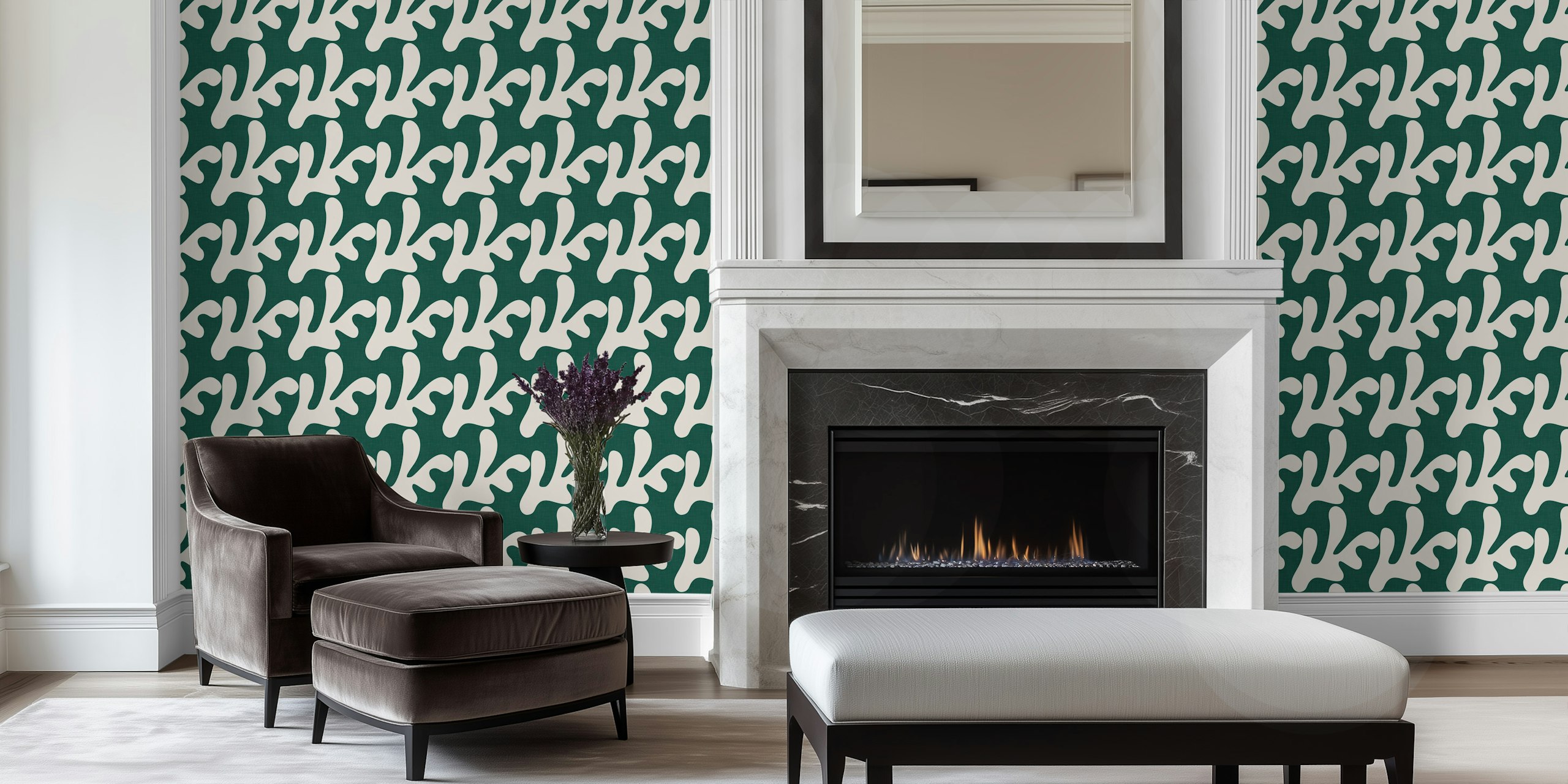Retro tropical leaf wallpaper in a room setting