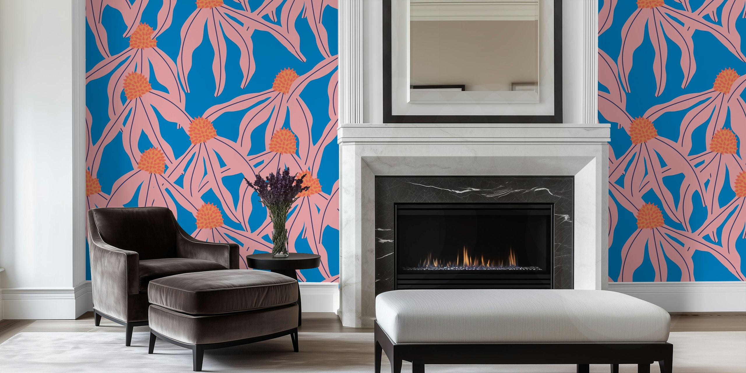 Coneflower flamingo pink blue wallpaper in una stanza