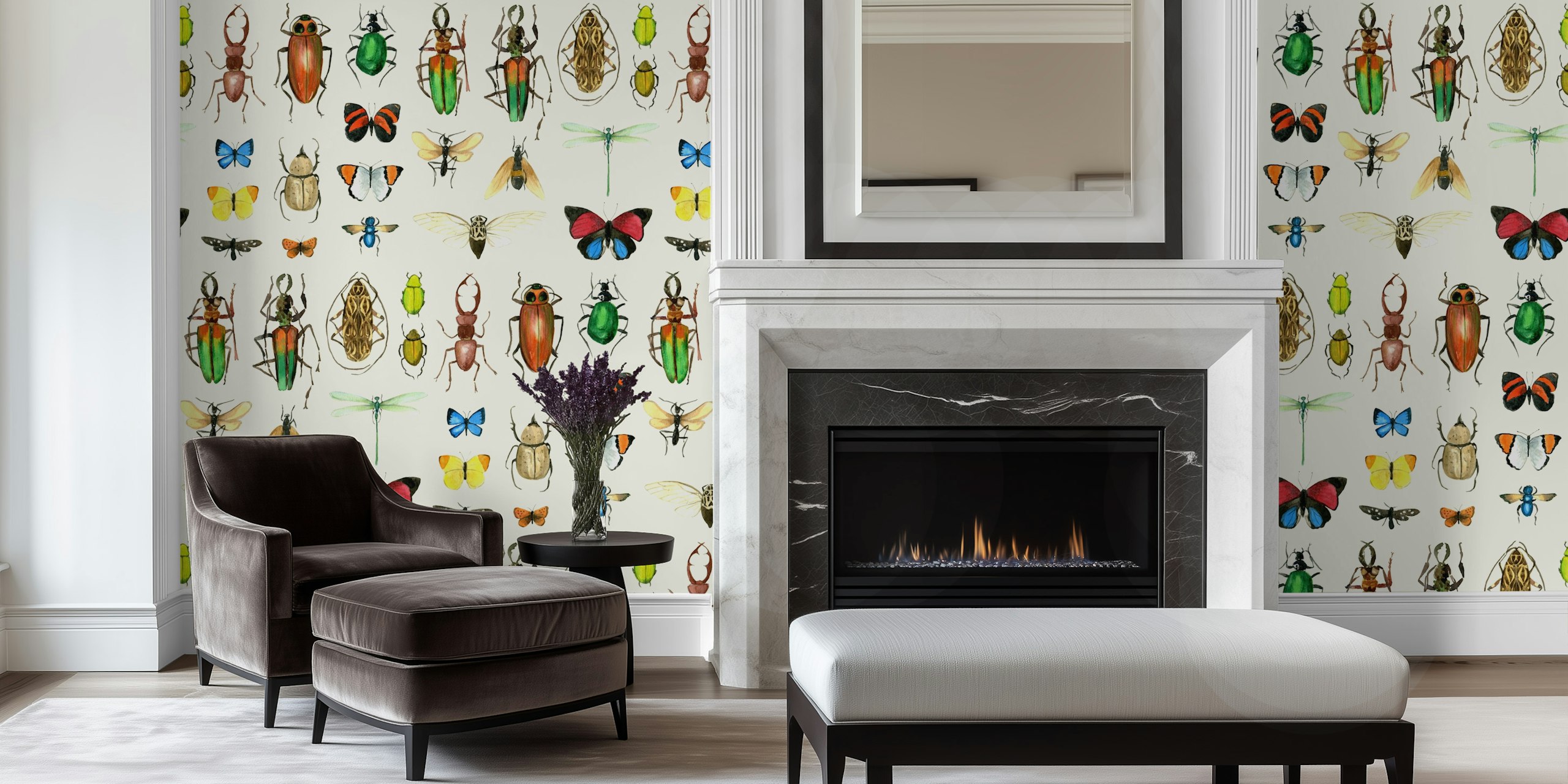 Off white insects wallpaper design in room