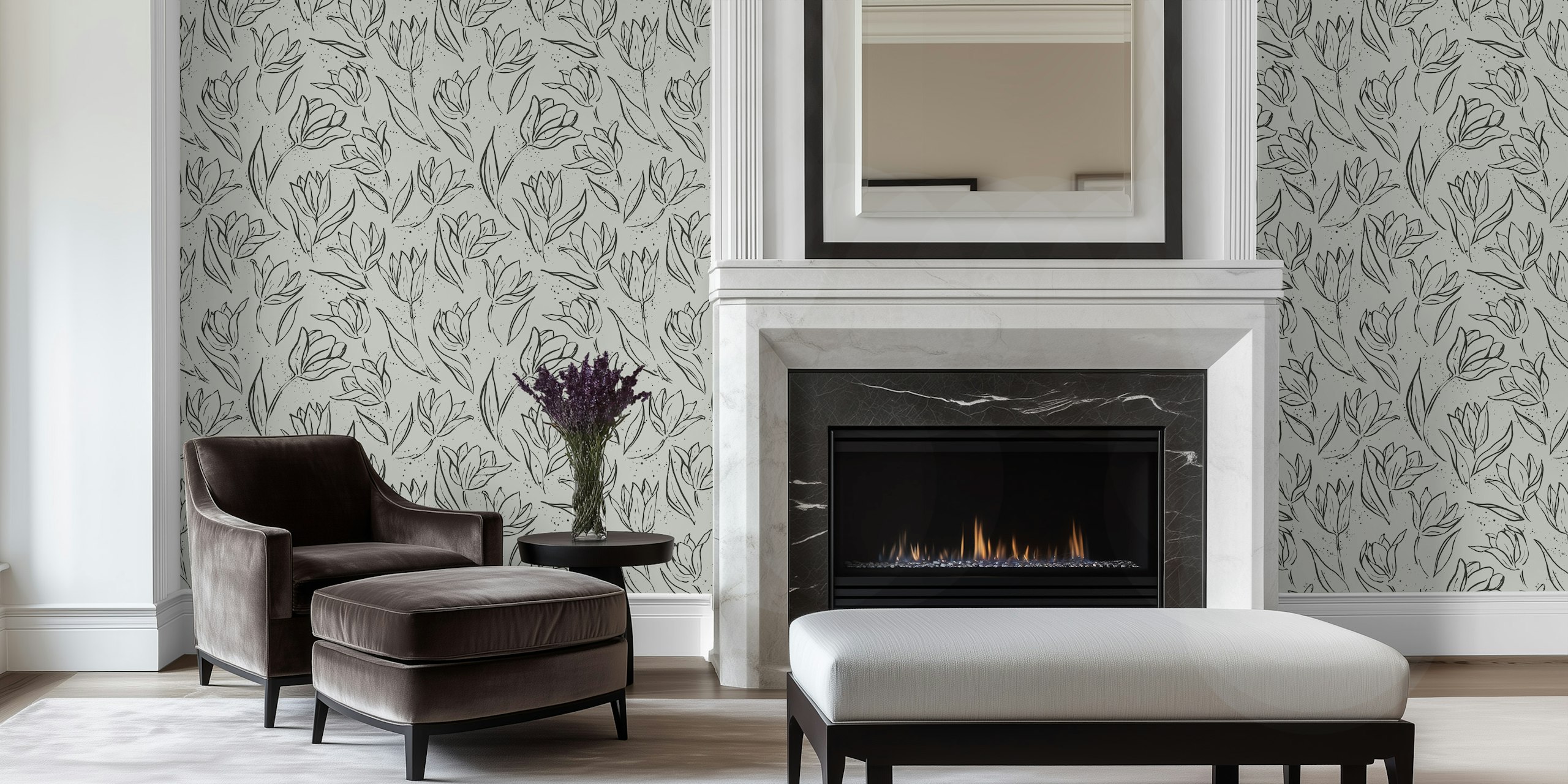 Black and cream floral design wallpaper with tulips