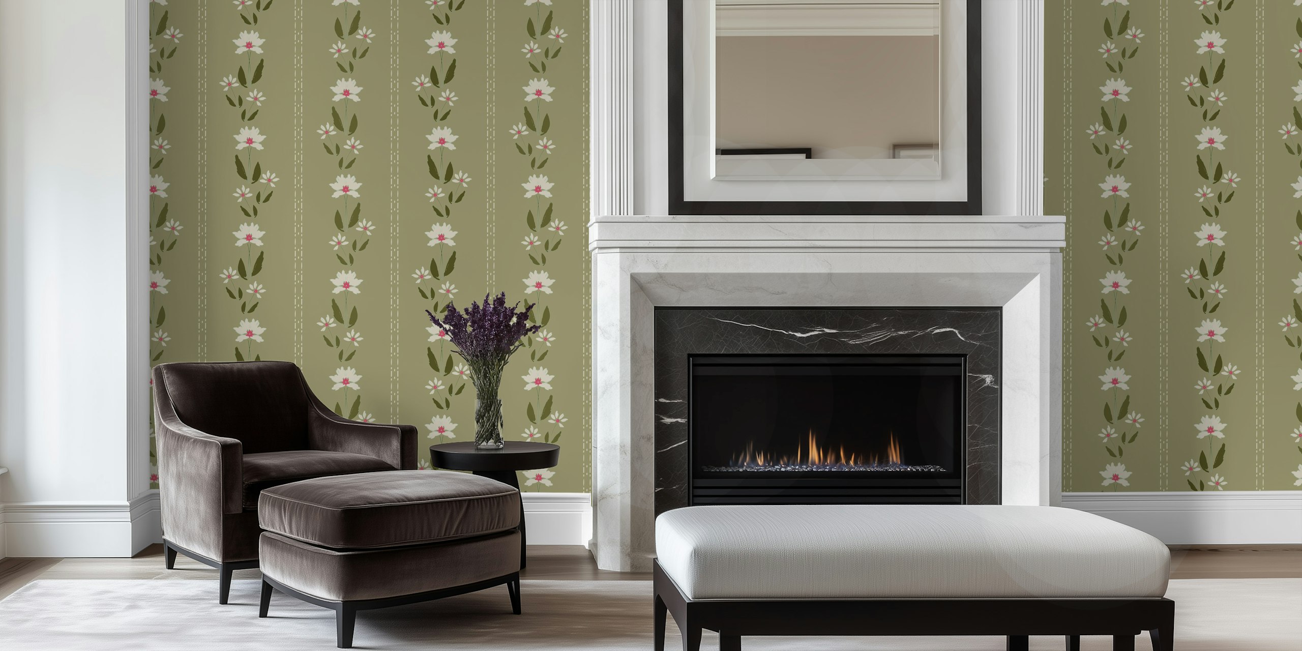 Folk Floral Classic Stripe Dusty Green ταπετσαρία σε ένα δωμάτιο
