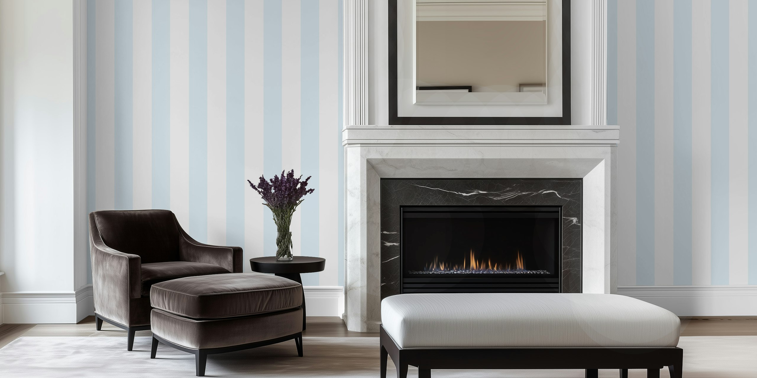 Carta da parati Fog blue and white vertical stripes in una stanza