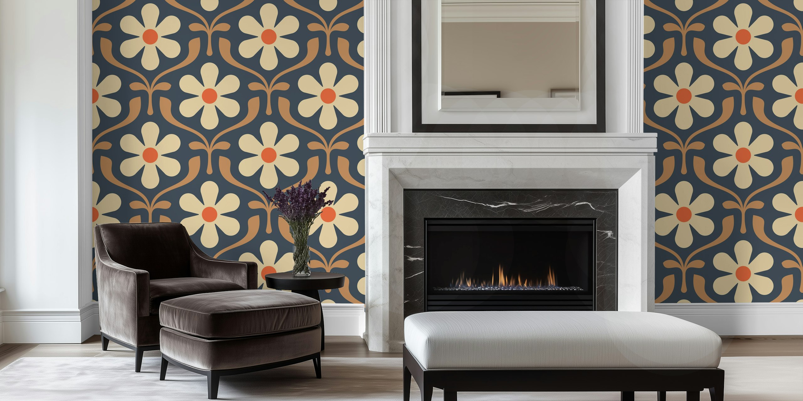 Floral pattern with beige flowers and orange accents on blue background wallpaper