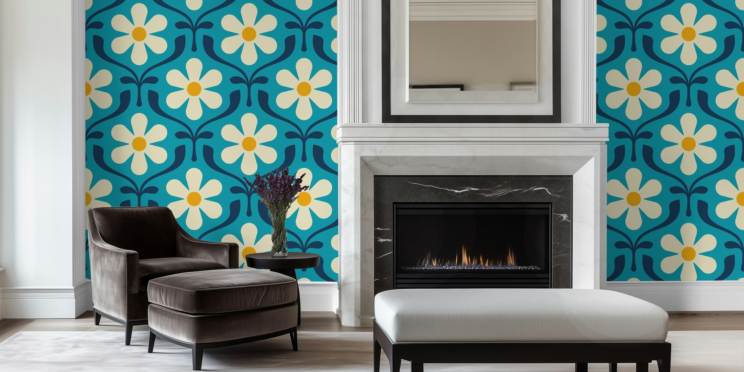 Retro floral design with blue background and cream daisies wallpaper
