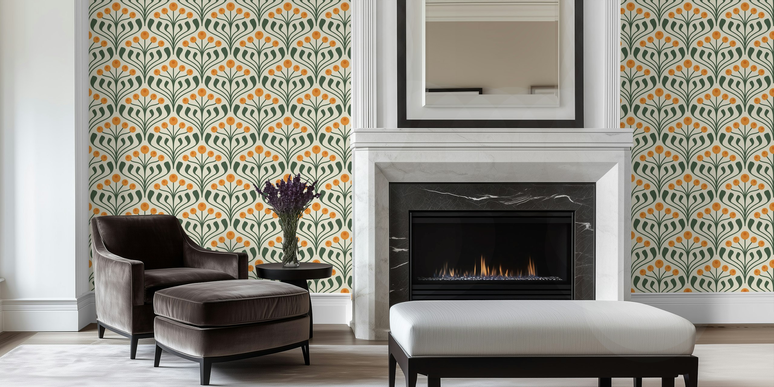 Green and orange floral motif wallpaper with abstract curves